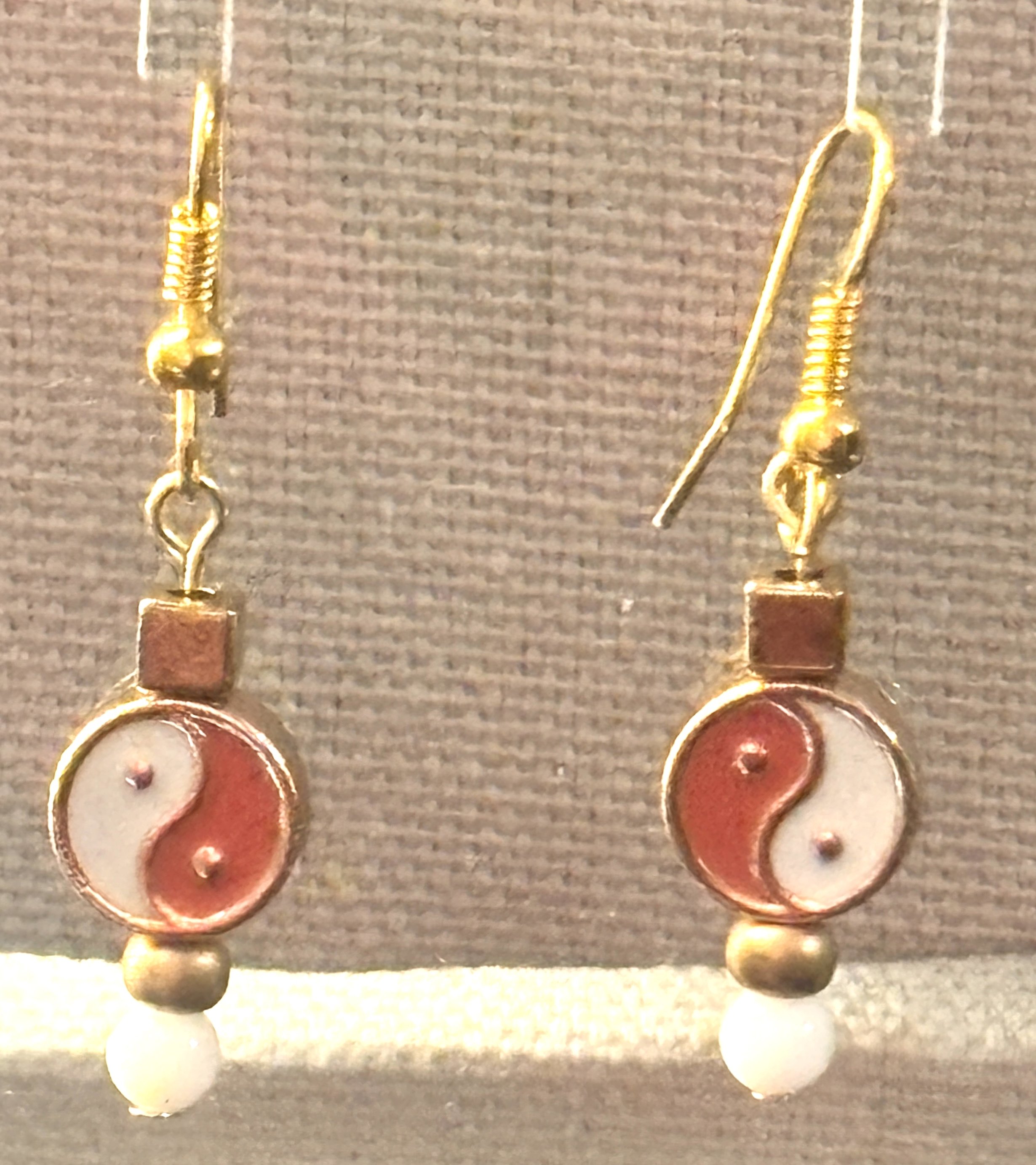 Ying Yang Balance Energy Metal enamel Painted Double sided Bead Earrings White & Orange