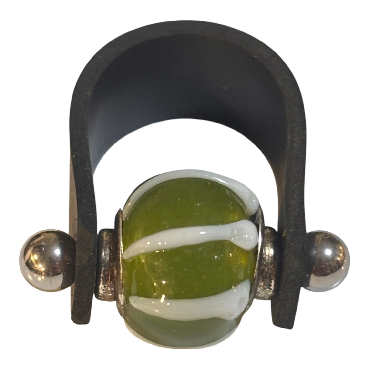 Rubber Stainless Steel Stud Funky Green White Striped Glass Flower Bead Ring Size 5 1/2