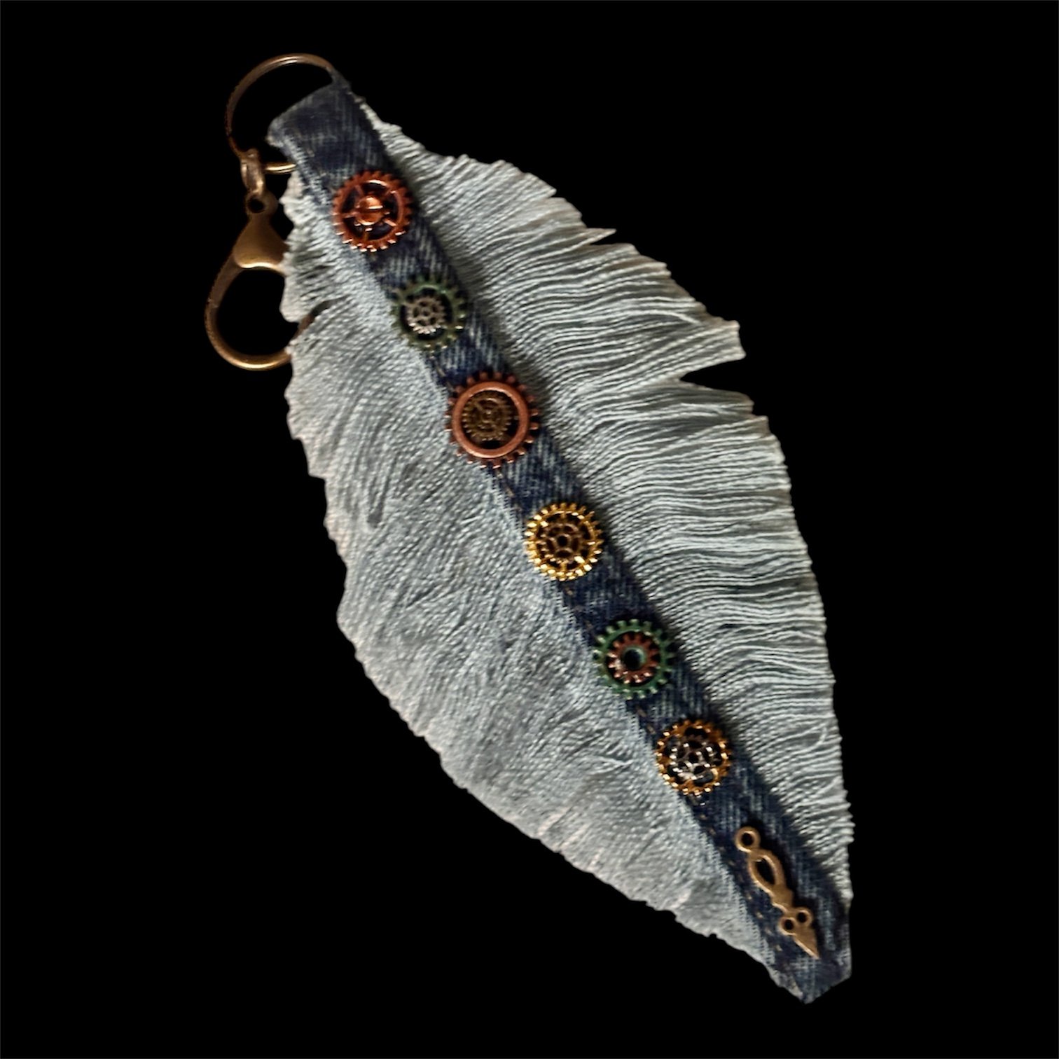SteamPunk Gear Blue Jean Denim Feather Fringe Key Chain Keychain Purse Fob Brass
