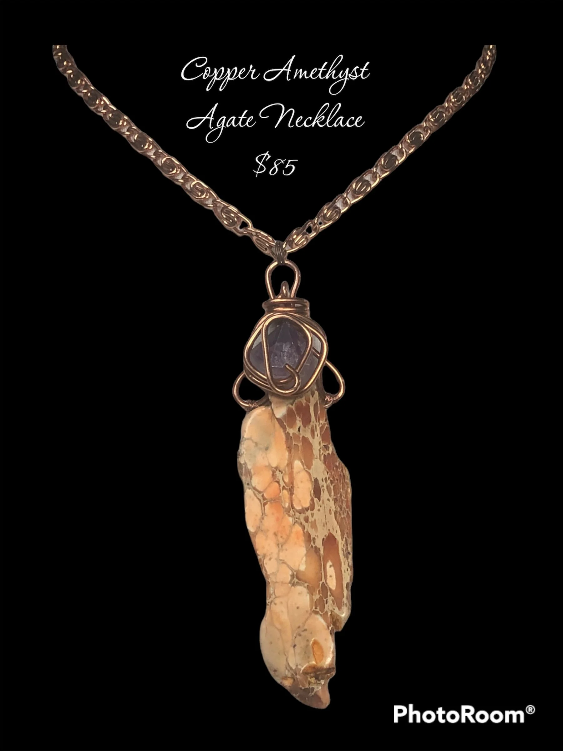 Copper Orange Brown Natural Stone Amethyst Wire Wrap Link Chain Necklace