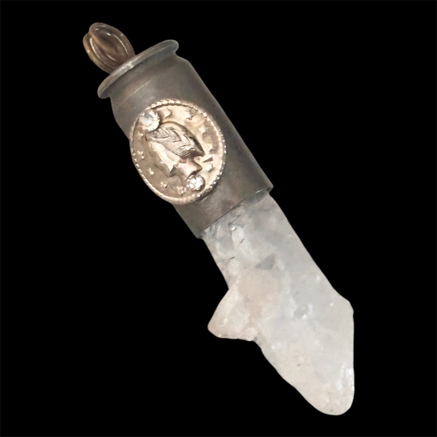 Silver Bullet Gun Shell Casing Raw Quartz Crystal Coin Rhinestone Head Accent Necklace Pendant Charm