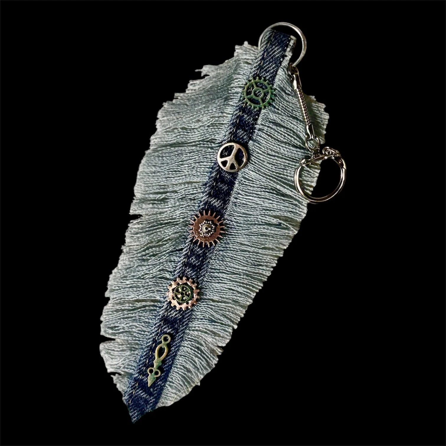 SteamPunk Gear Blue Jean Denim Feather Fringe Key Chain Keychain Purse Silver Fob