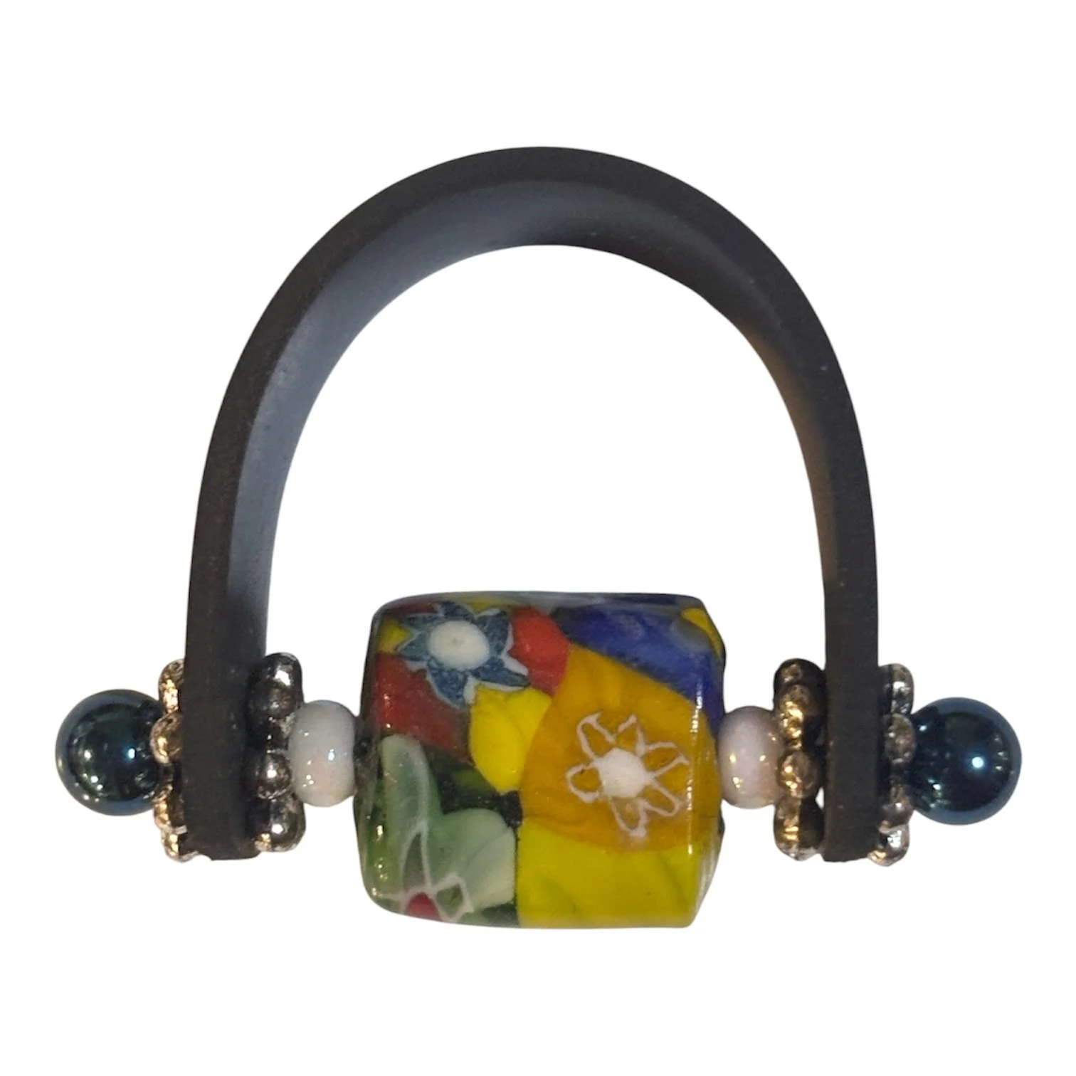 Rubber Stainless Steel Stud Funky Multi Colored Glass Flower Bead Ring Size 7