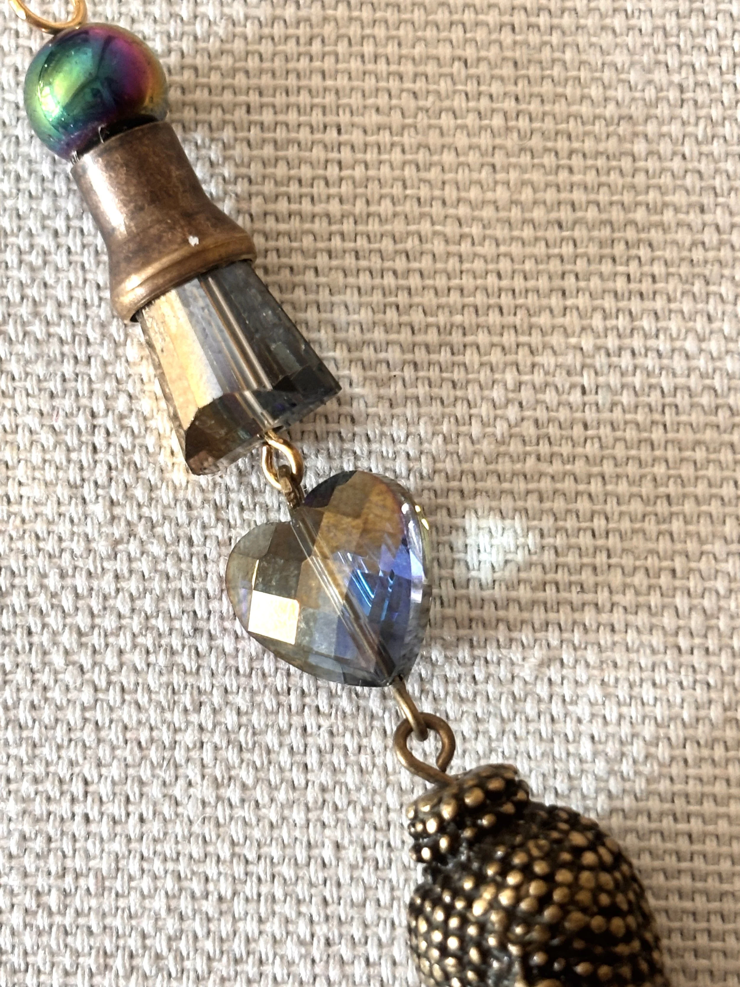 Brass Bullet Shell Casing top Faceted Heart & Cone Crystal Iridescent bead Buddha Head Necklace Pendant Charm