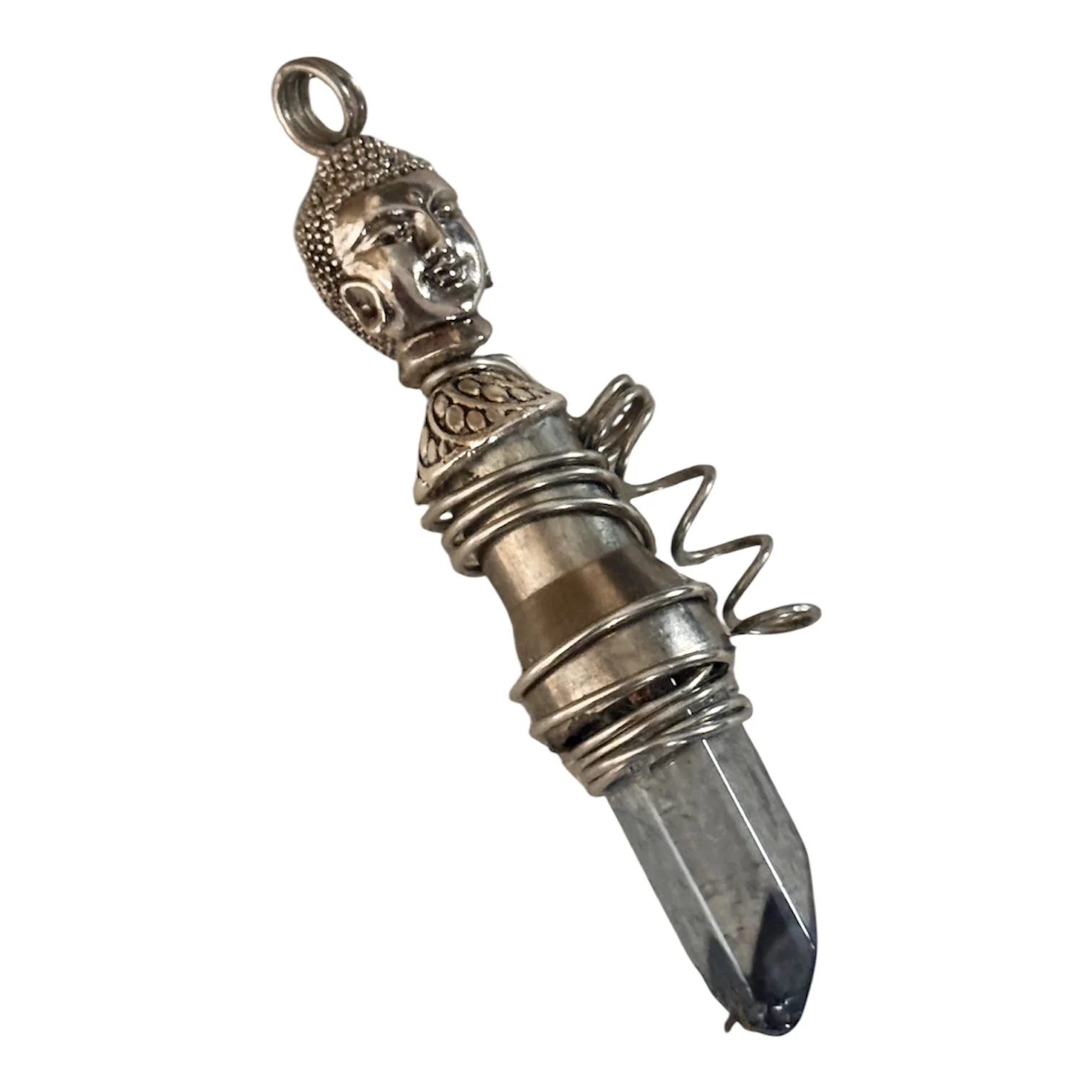 Silver Bullet Shell Case Wire Wrap Buddha Head Blue Crystal Gemstone Necklace Pendant Charm