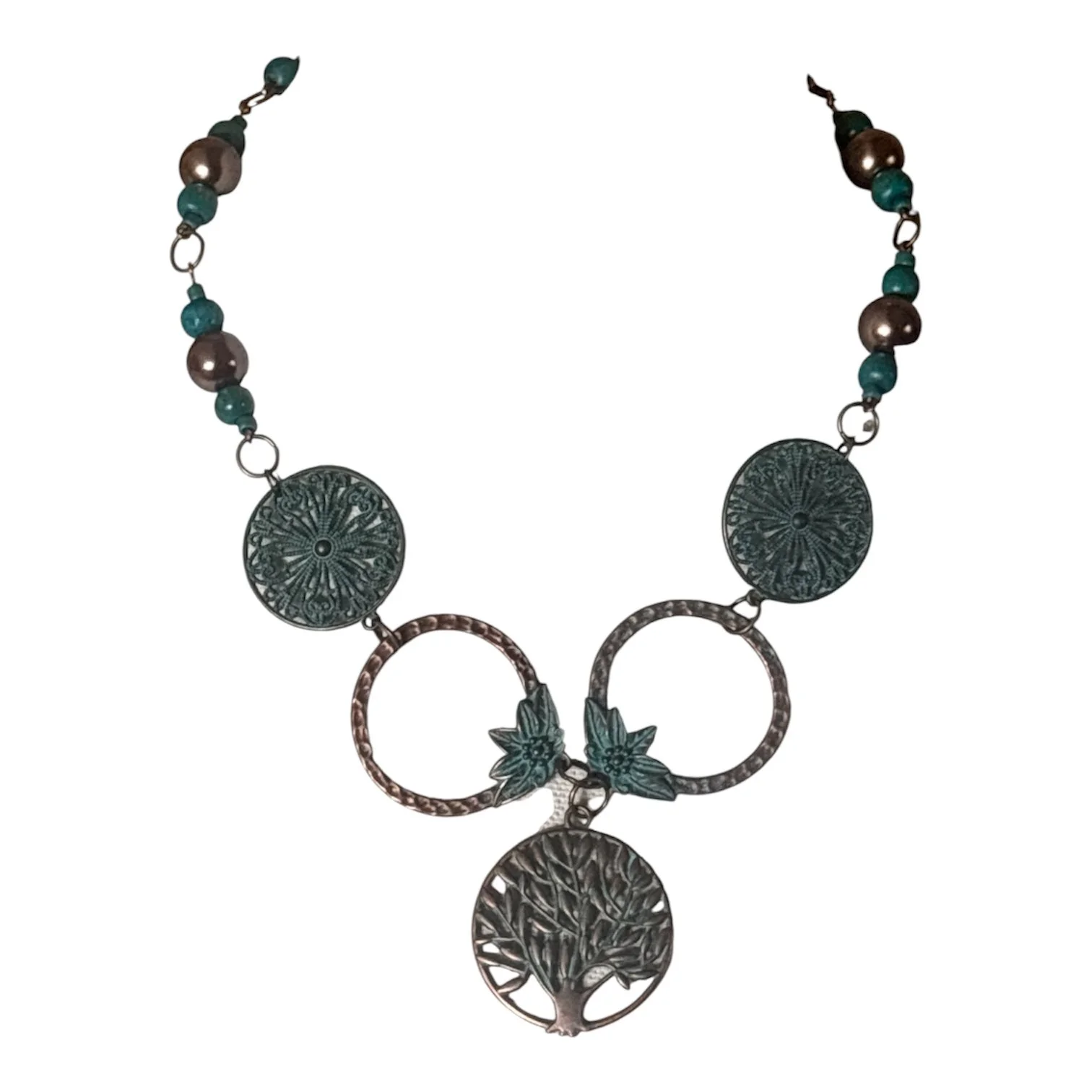Copper Teal Cut out Tree of Life Flower leaf Teal Wood Beads Pearlescent shine round beads Necklace