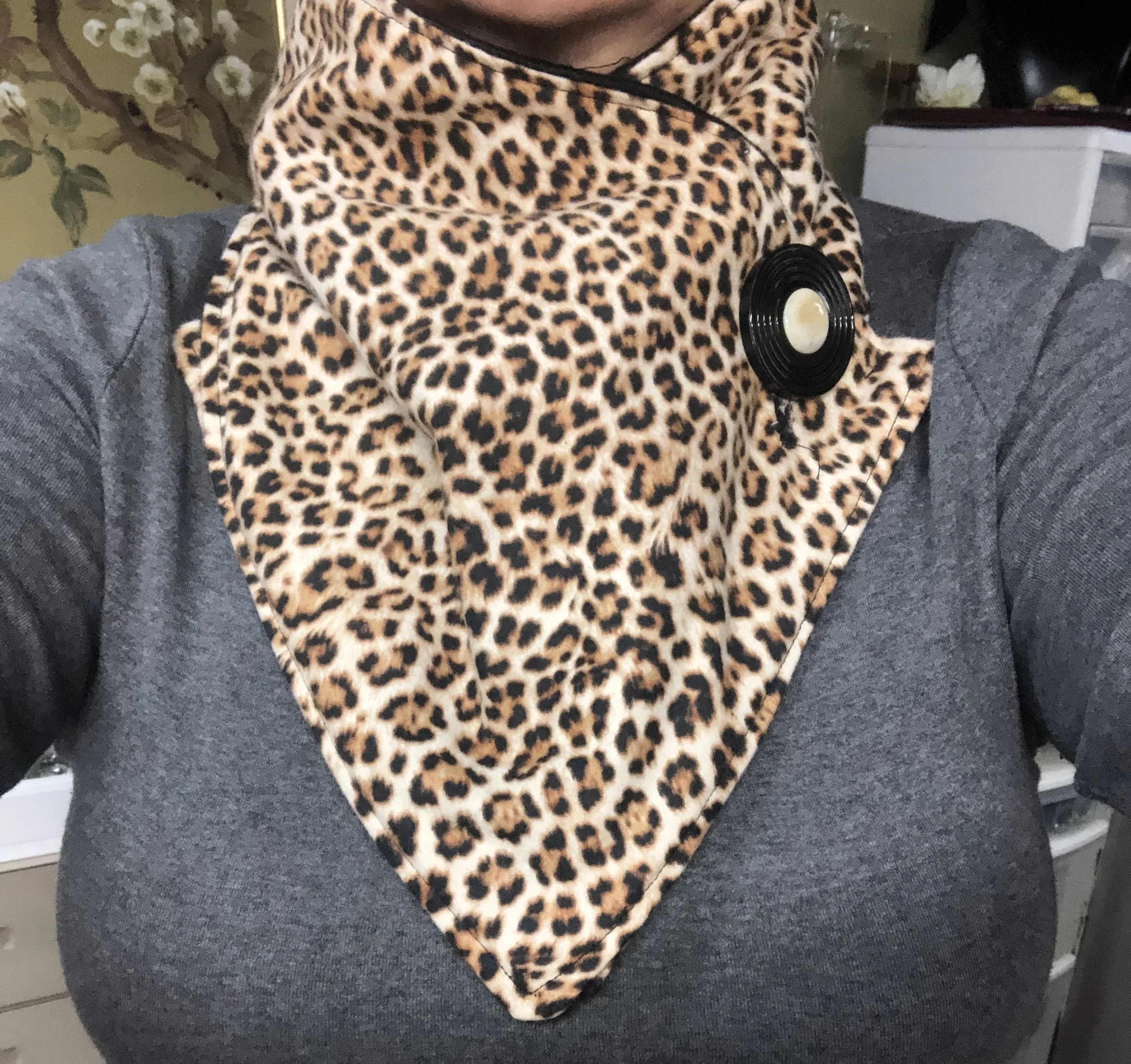 Fleece Leopard Animal Print Solid Black Lined With Bone Button Closure