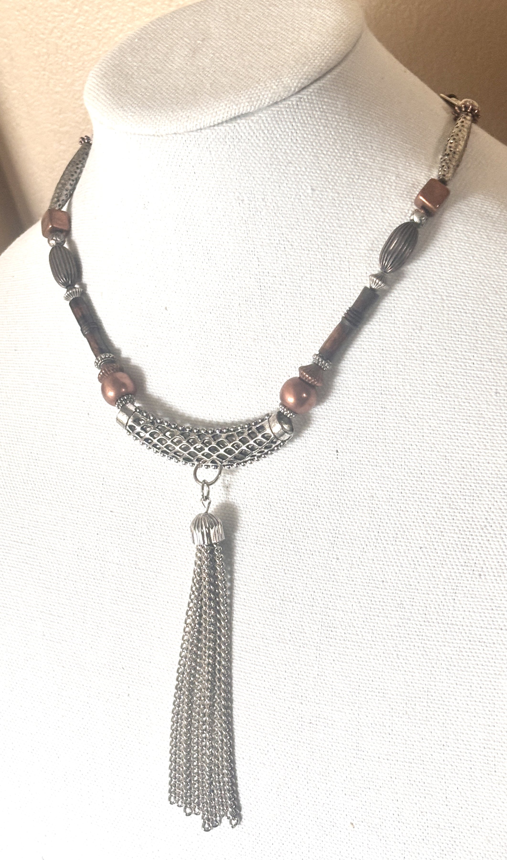 Copper Bone Silver Spiral Cut Out Beads  Tassle Chain dangle Necklace drips 4”
