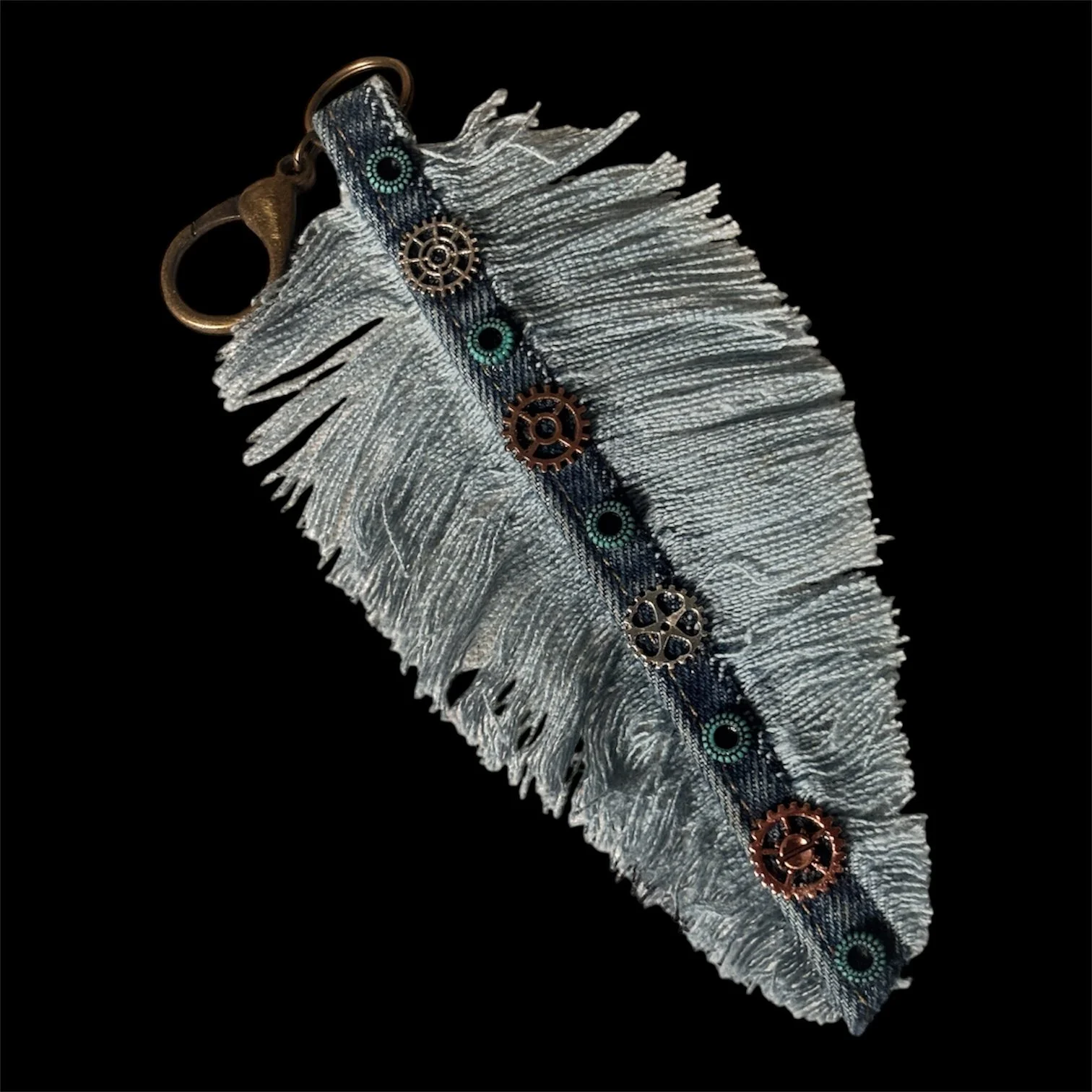 SteamPunk Gear Blue Jean Denim Feather Fringe Key Chain Purse Fob Keychain