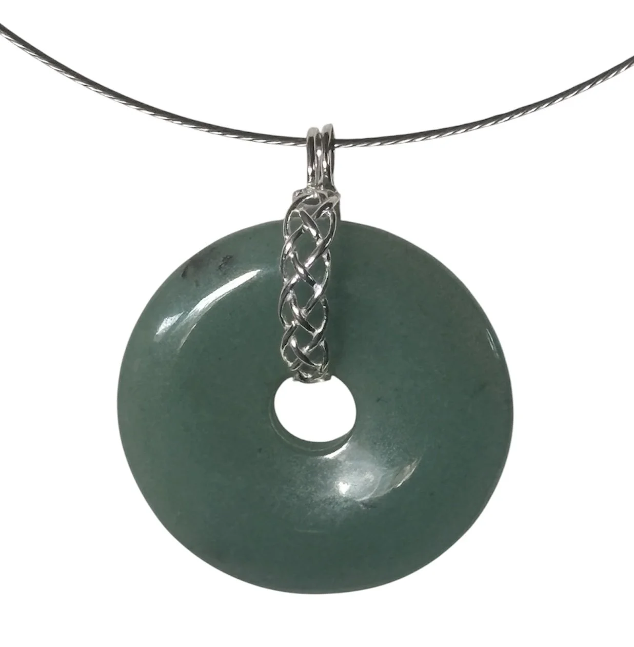 Aventurine Green Round Donut Pendant Silver Wire cable cord Choker Necklace with removable cut out stone holder