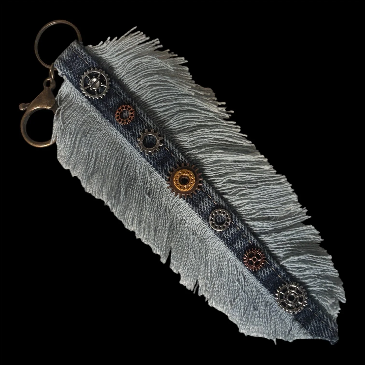 SteamPunk Gear Blue Jean Denim Feather Fringe Key Chain Keychain Purse Fob