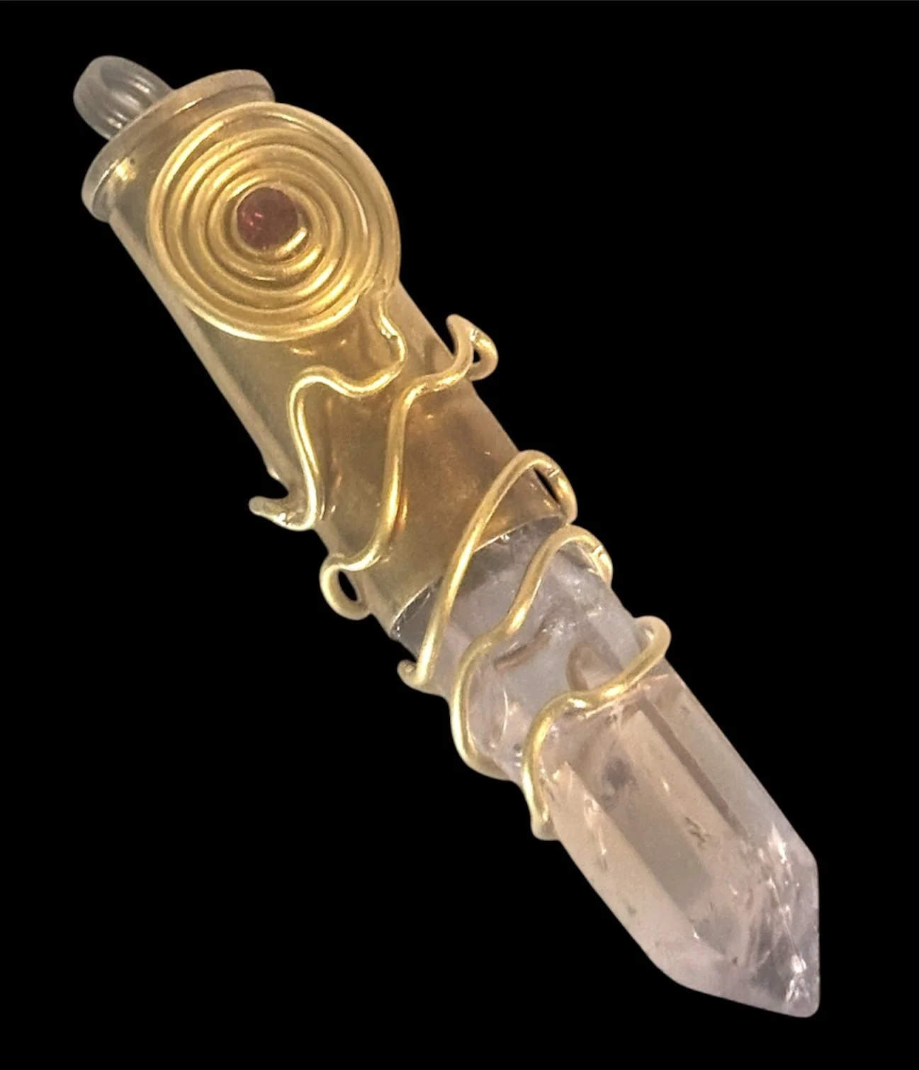 Brass Bullet Gun Shell Casing Red Rhinestone Gold Wire Wrap Spiral Raw Amethyst Crystal Necklace Pendant Charm