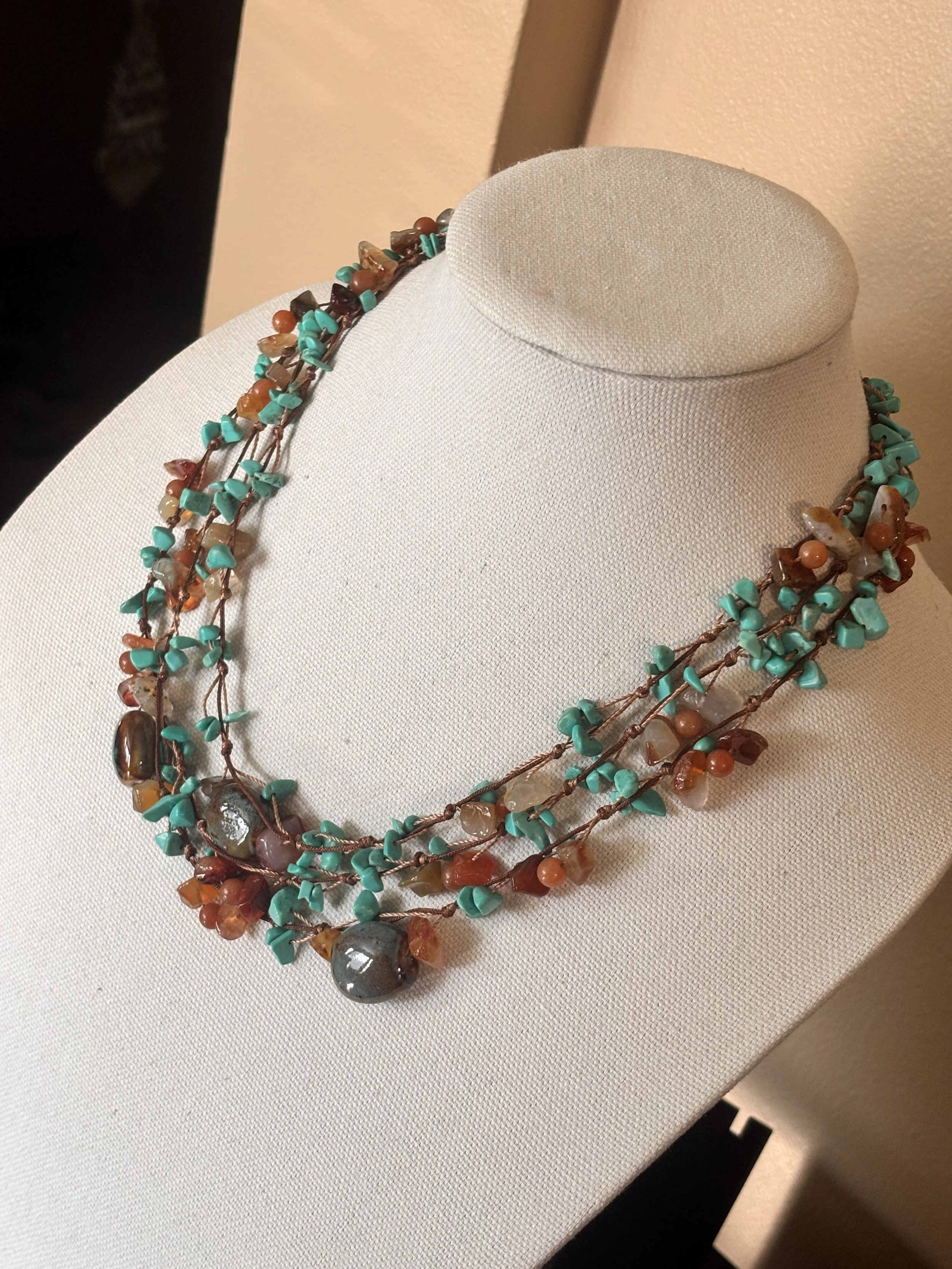 Turquoise Carnelian Chips Ceramic Glazed Beaded Knotted String 3 strand Brown rope cord Bohemian Necklace