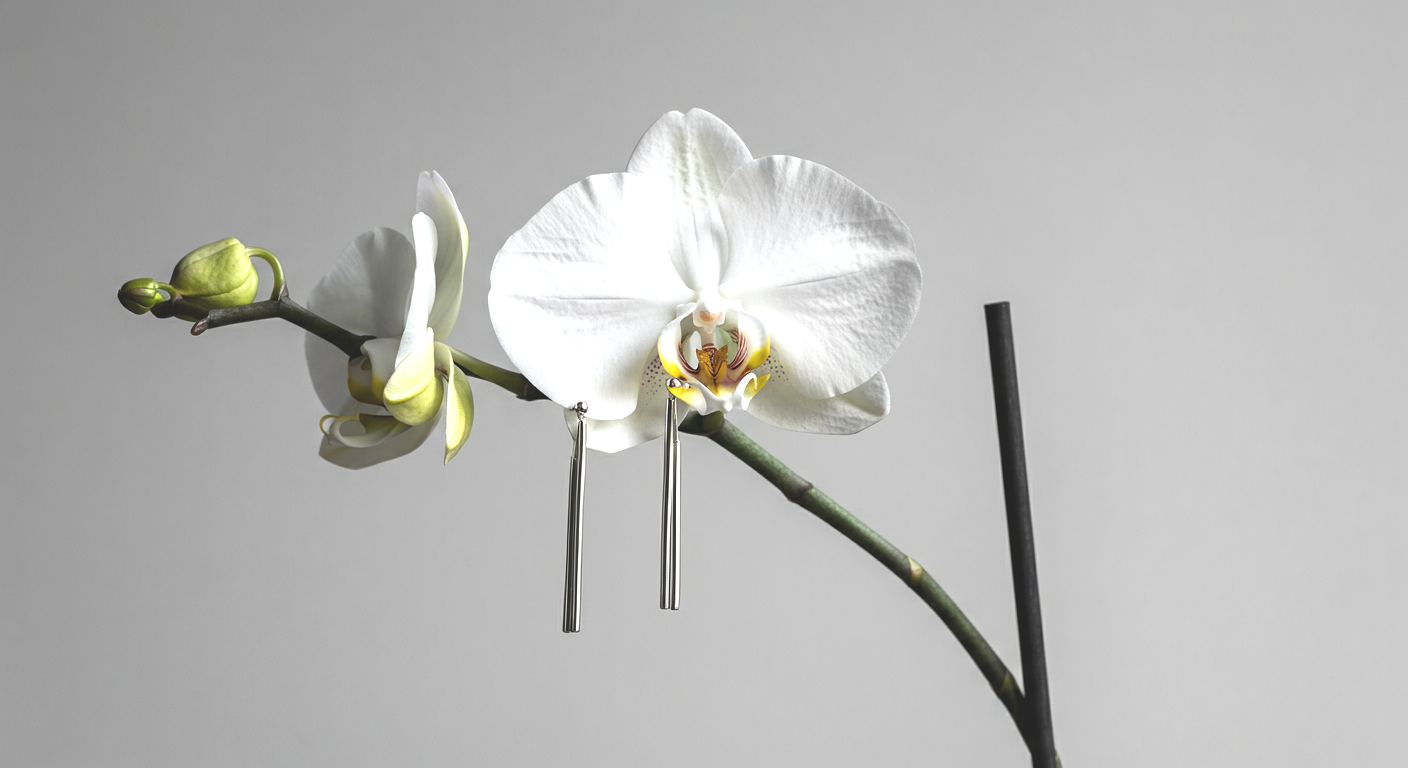 A white orchid flower with a few buds on a green stem against a plain background.