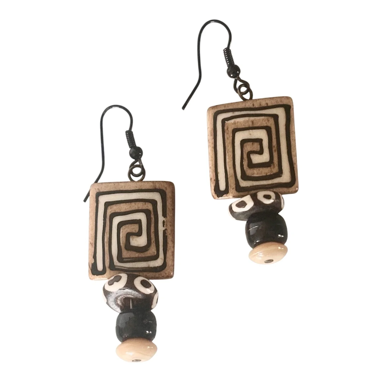Aztec Bone Spiral Design Dangle Drop Beaded Earrings