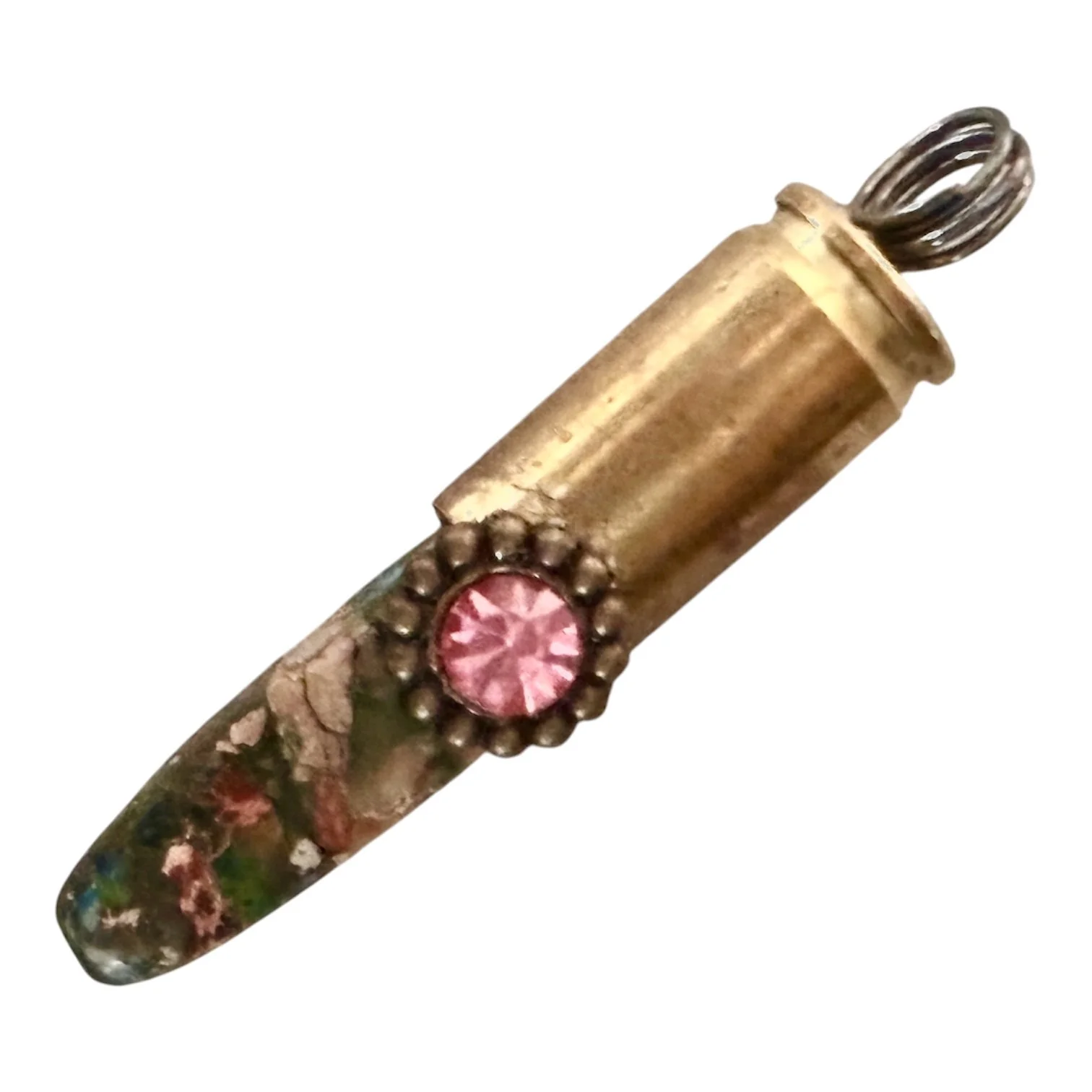 Brass Bullet Gun Shell Casing Multi Color Stone Pink Faceted Rhinestone Accent Necklace Pendant Charm