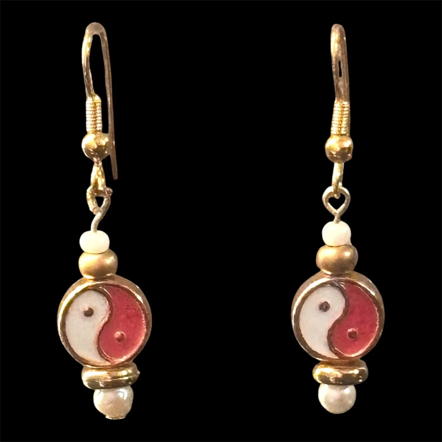 Ying Yin Yang Balance Energy Metal Enamel Painted Double sided Bead Earrings White & Coral Pink