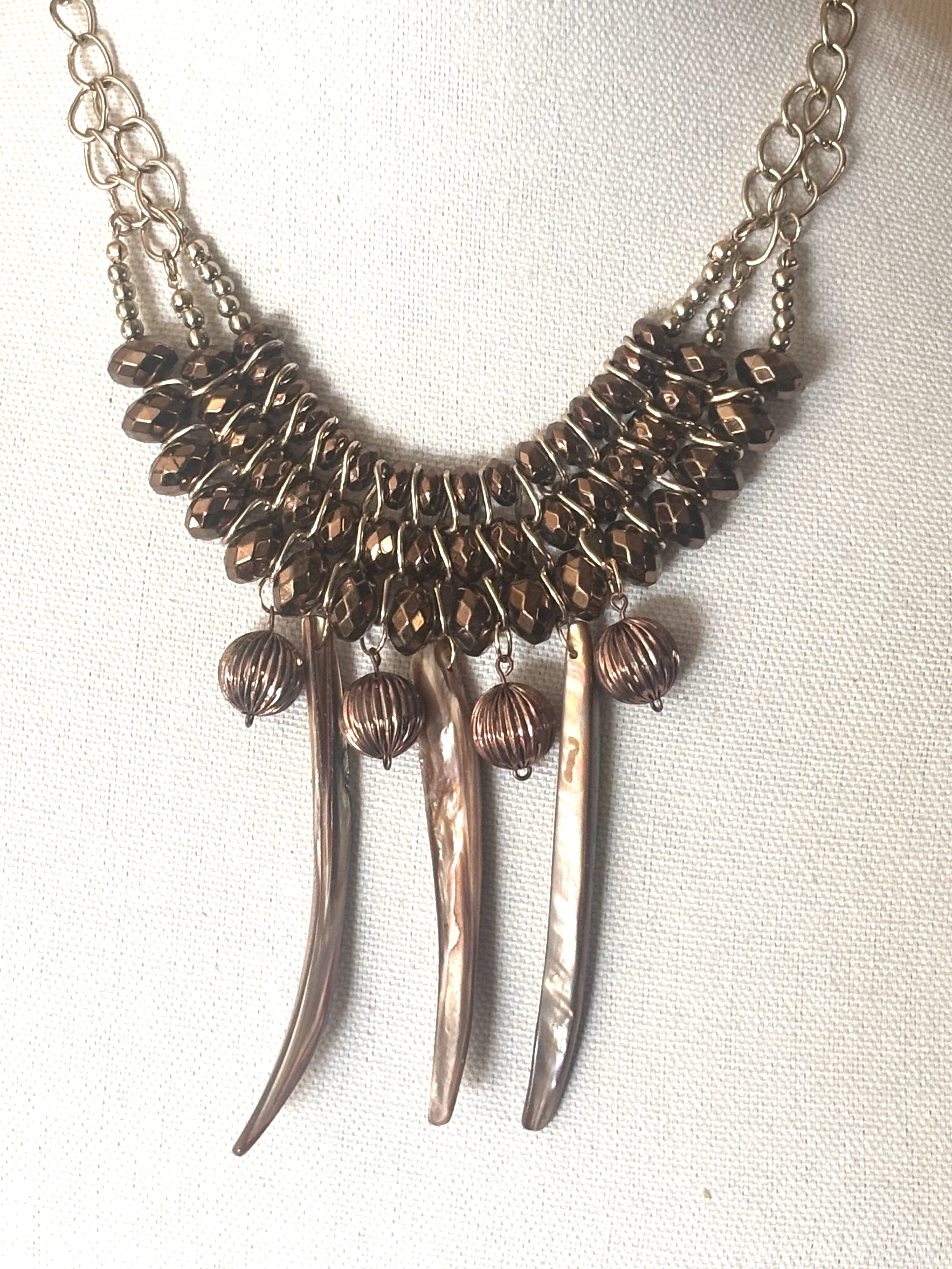 Chain link Mother of pearl Sea shell iridescent copper ribbed ball beads bronze faceted beads dangle Necklace