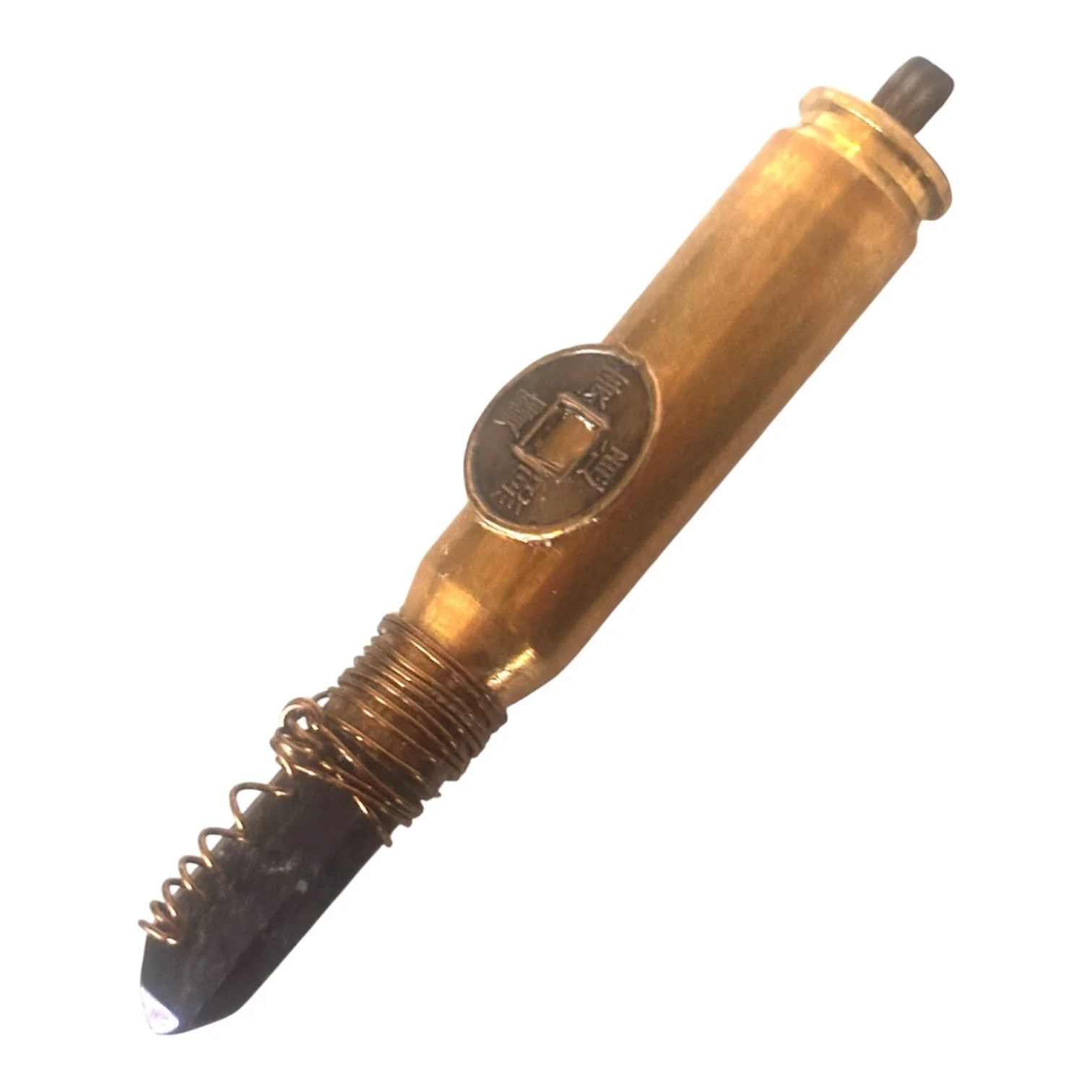 Brass Bullet Gun Shell Casing Chinese Symbol Coin Bronze spiral wire wrap Necklace Pendant Charm