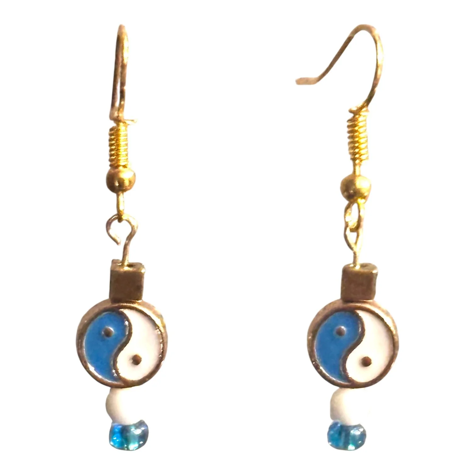 Ying Yin Yang Balance Energy Metal enamel Painted Double sided Bead Earrings White & Navy Blue