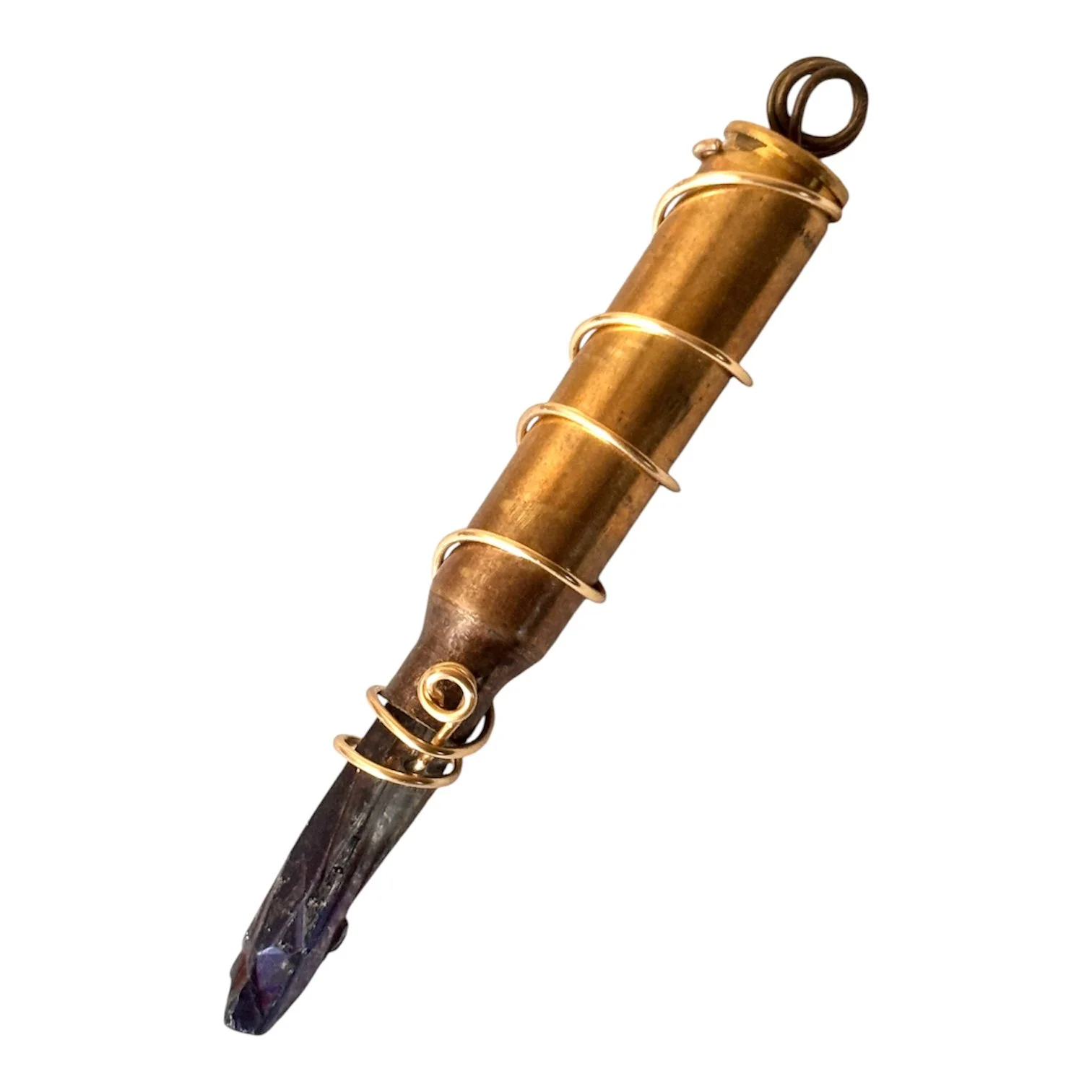 Brass Bullet Gun Shell Casing Aura Rainbow Iridescent Raw Crystal Spiral Wire Wrap Necklace Pendant Charm