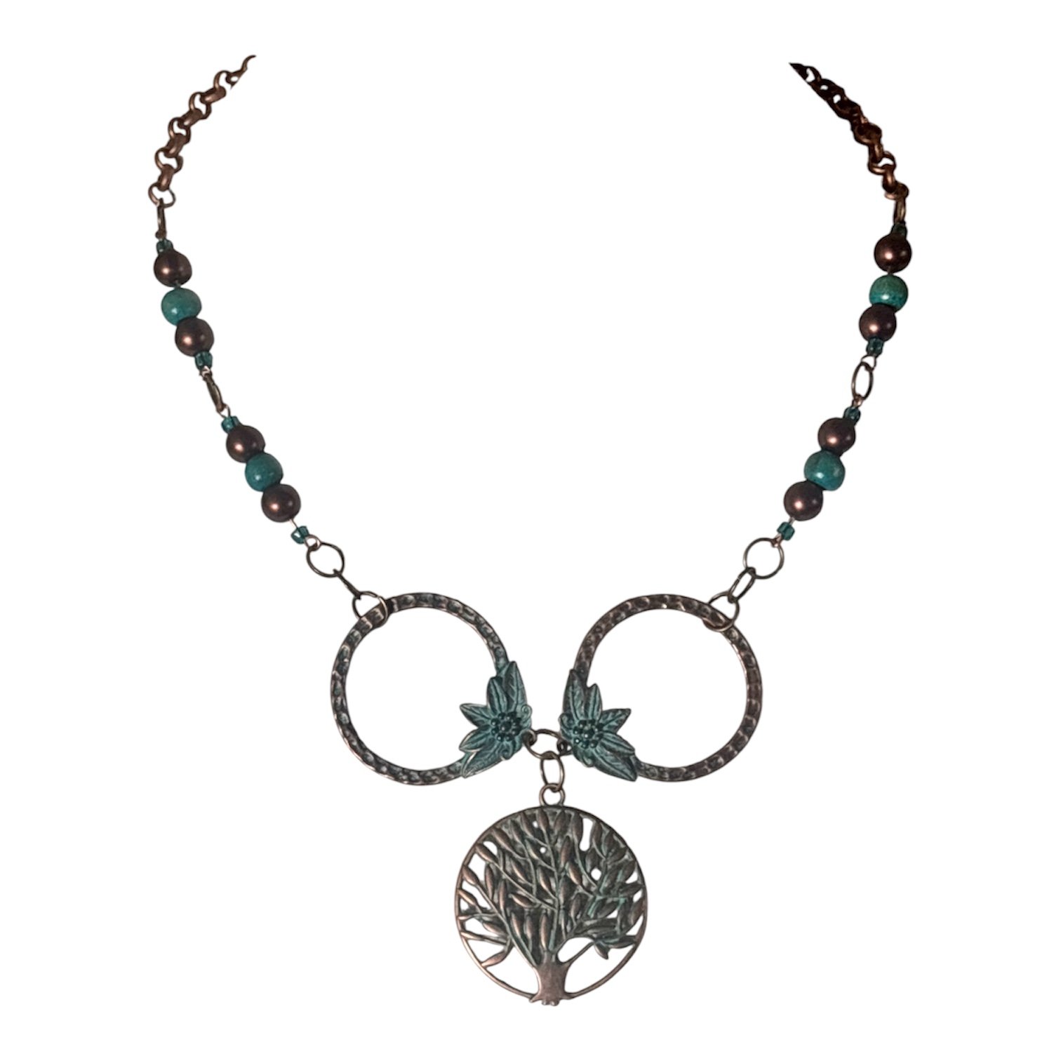 Cooper Teal Cut out Tree of Life Flower Leaf Wood Pearlescent shine  round beads Chain Necklace