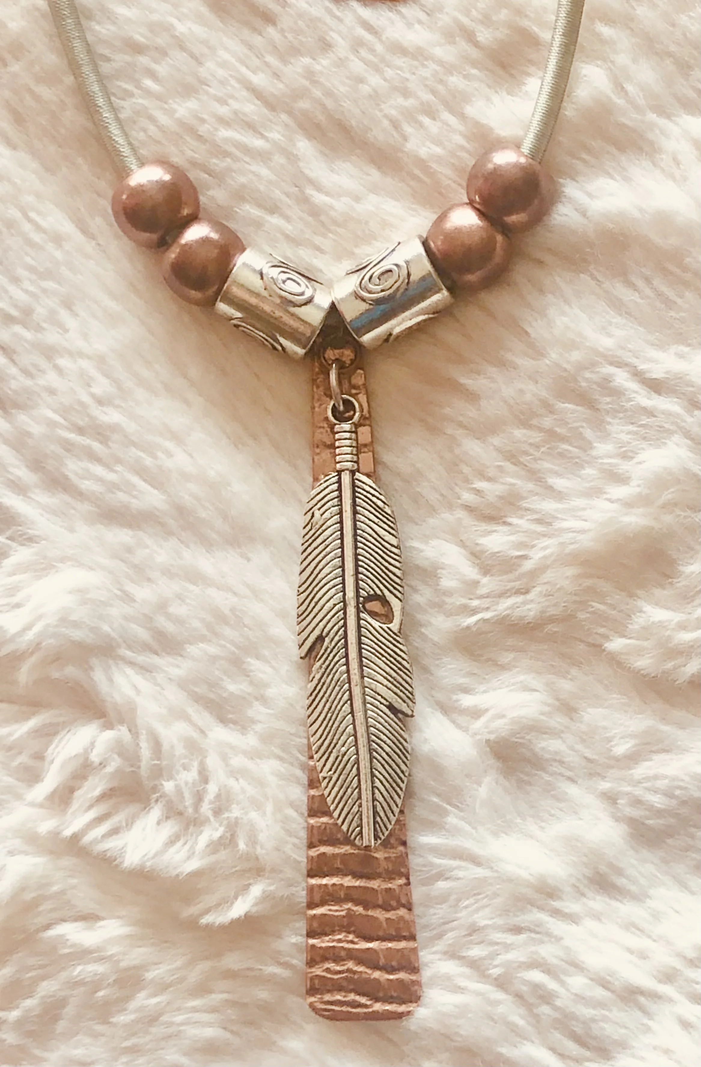 Copper Textured Necklace Hand Made Dangle Silver tone textured Feathers