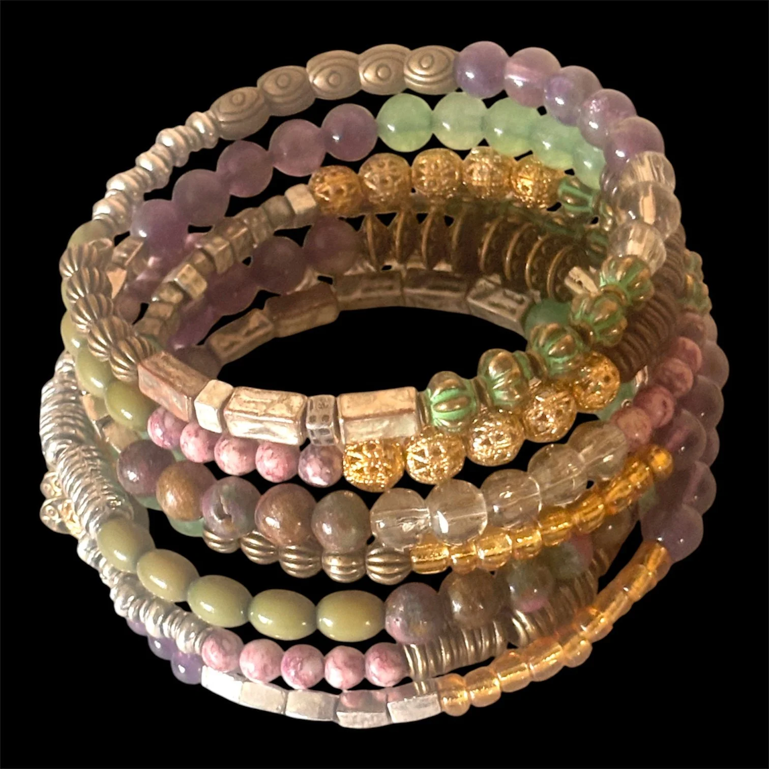Bracelet Memory Wire 7 Strand continuous wire Amethyst Adventurine Picasso silver brass faceted crystal metal beads