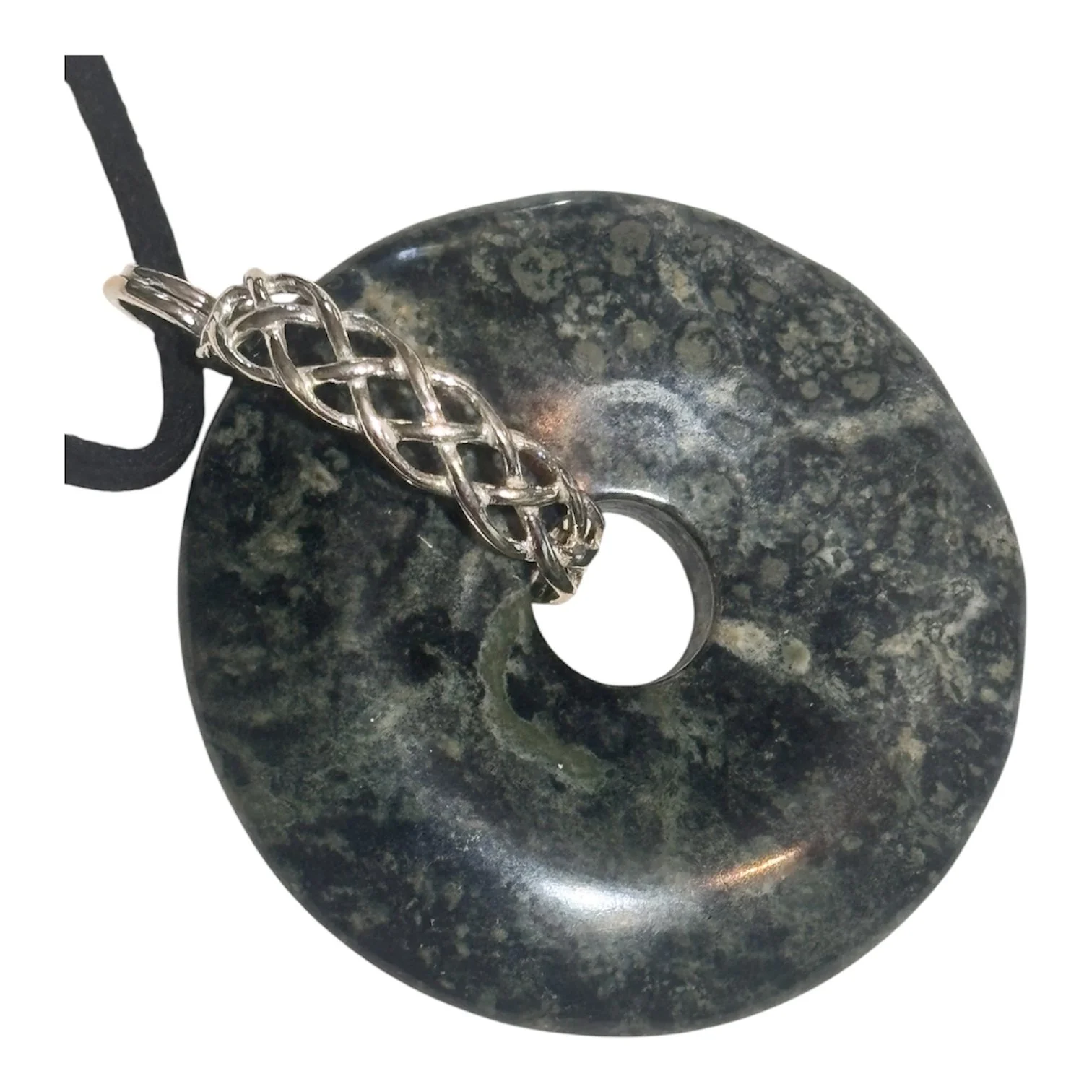 Chinese Jasper Kambaba Donut Stone Silver Clasp Suede Necklace Pendant Necklace