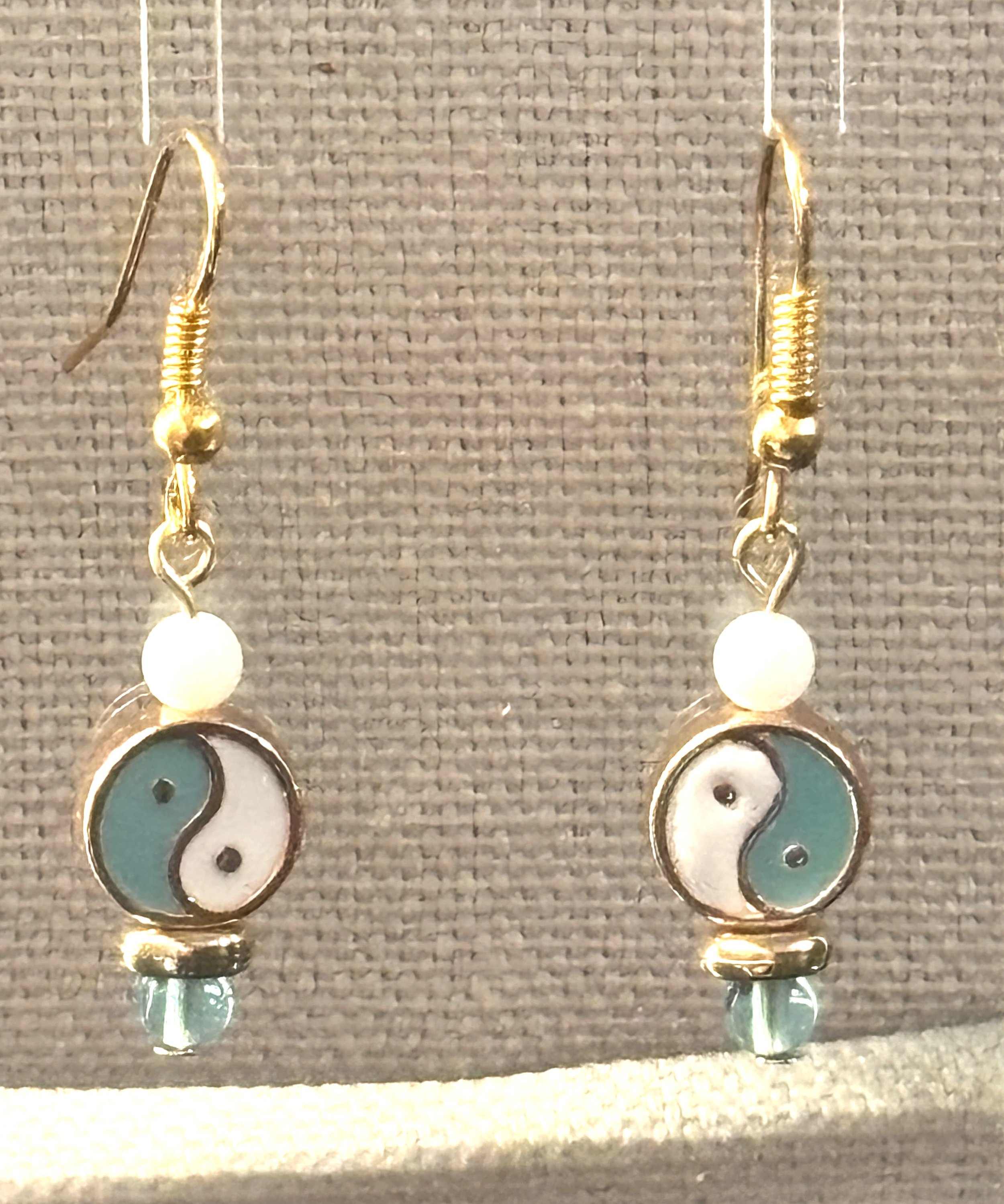 Ying Yang Balance Energy Metal enamel Painted Double sided Bead Earrings White & light blue