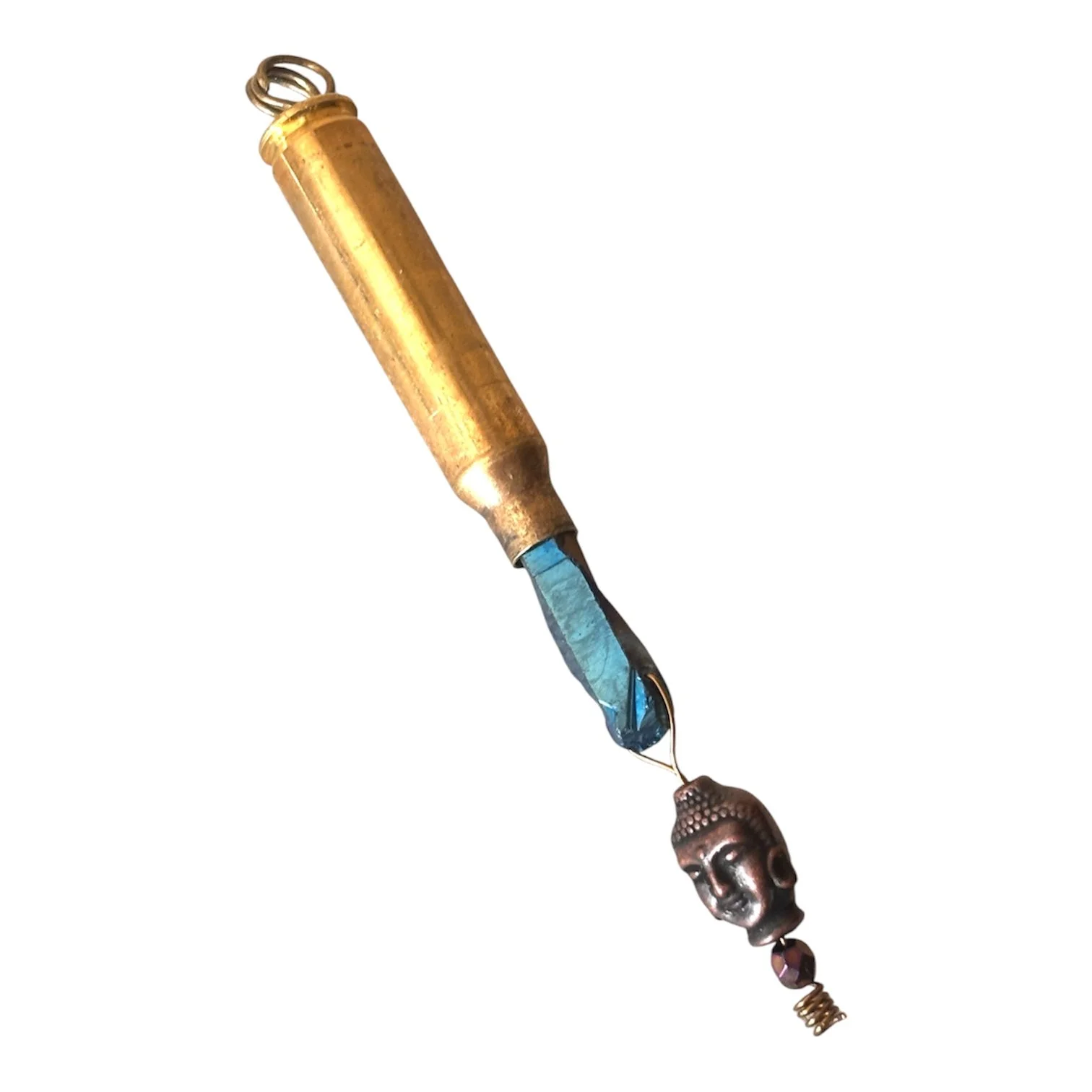 Brass Bullet Gun Shell Casing Rainbow Iridescent Raw Crystal Metal Buddha Head Bead Dangle Necklace Pendant Charm