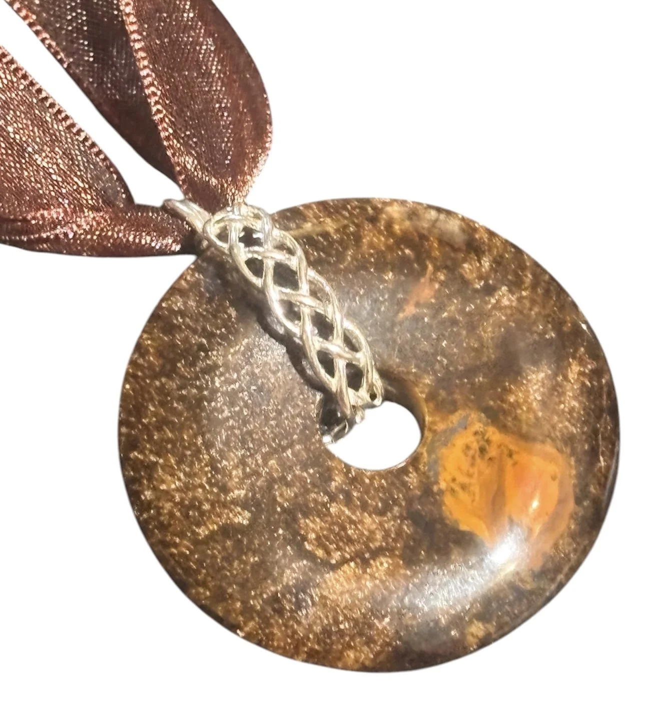 Tigers Eye Stone Pendant Silk Necklace silver center clasp