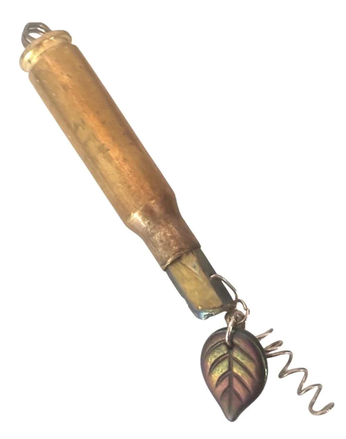 Brass Bullet Gun Shell Casing Iridescent Glass leaf Raw Rainbow Crystal silver spiral Necklace Pendant Charm