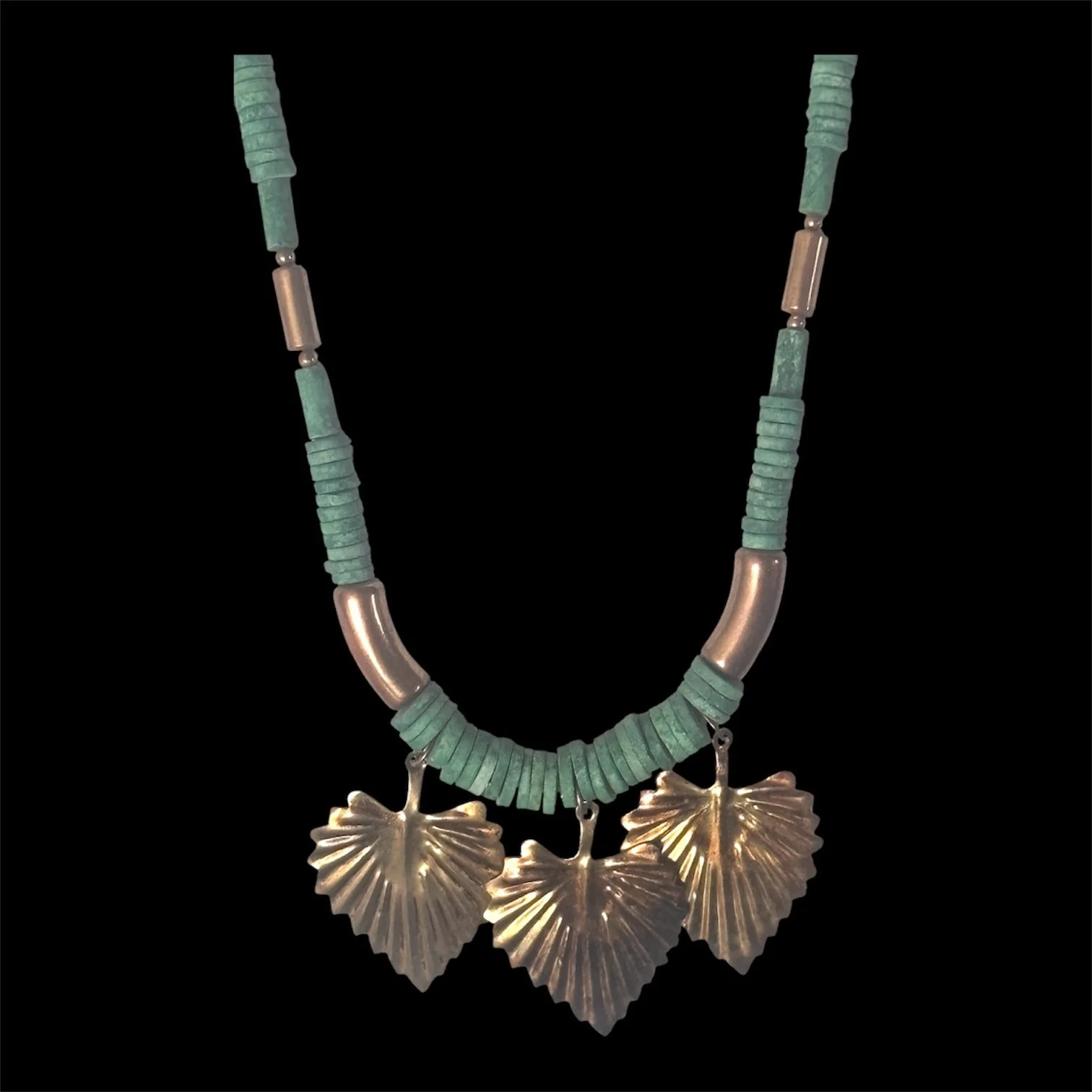 Green Heishi Bead Brass Tube Metal leaf Necklace