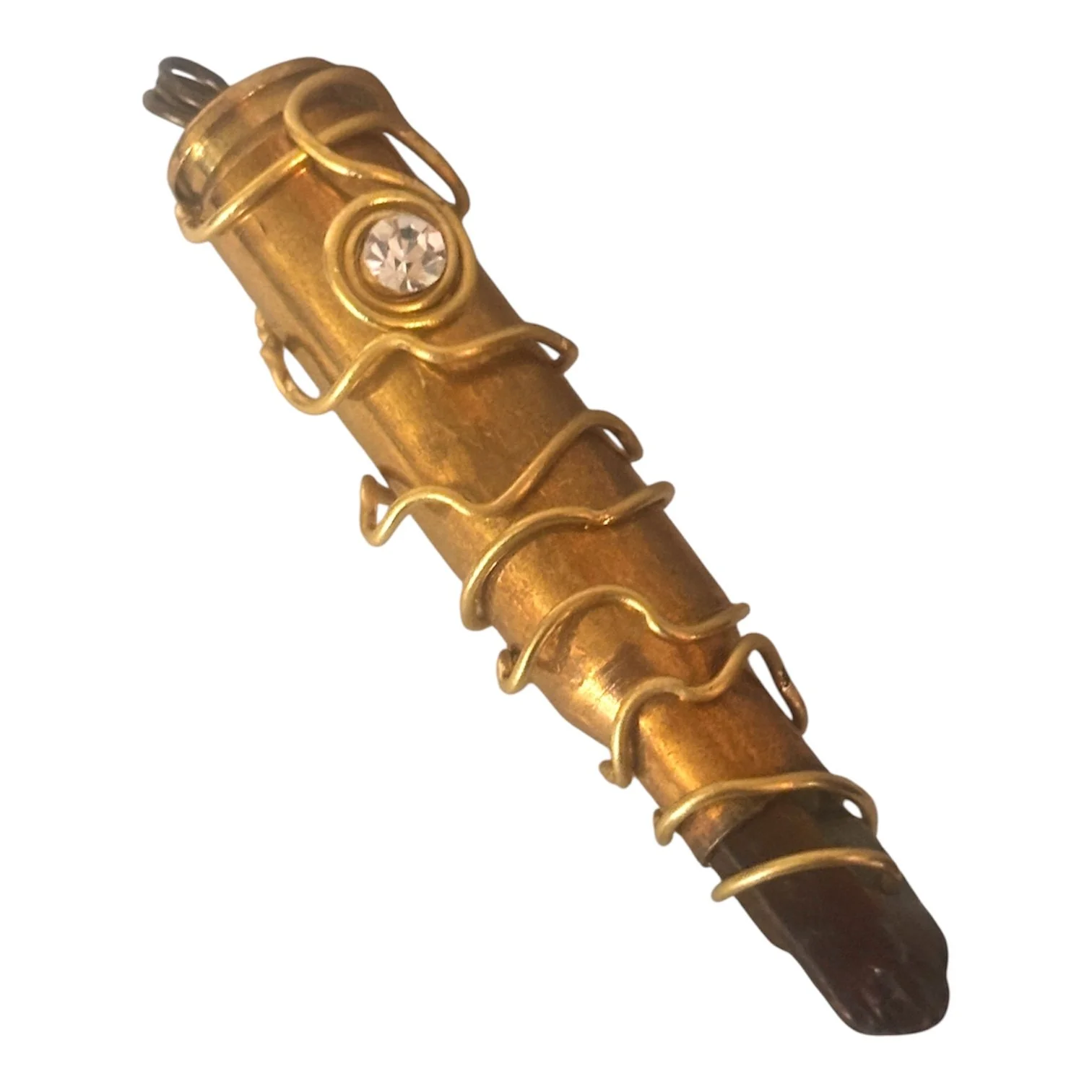 Brass Bullet Gun Shell Casing Clear Rhinestone Raw Rainbow Crystal Spiral Gold Wire Wrap Necklace Pendant Charm