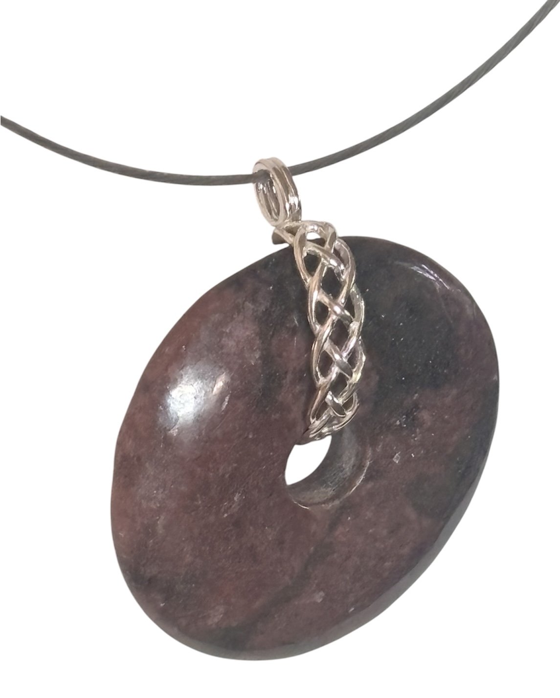 Rhodonite Gemstone Round Donut Pendant Choker wire cable Necklace with removable silver cut out stone holder
