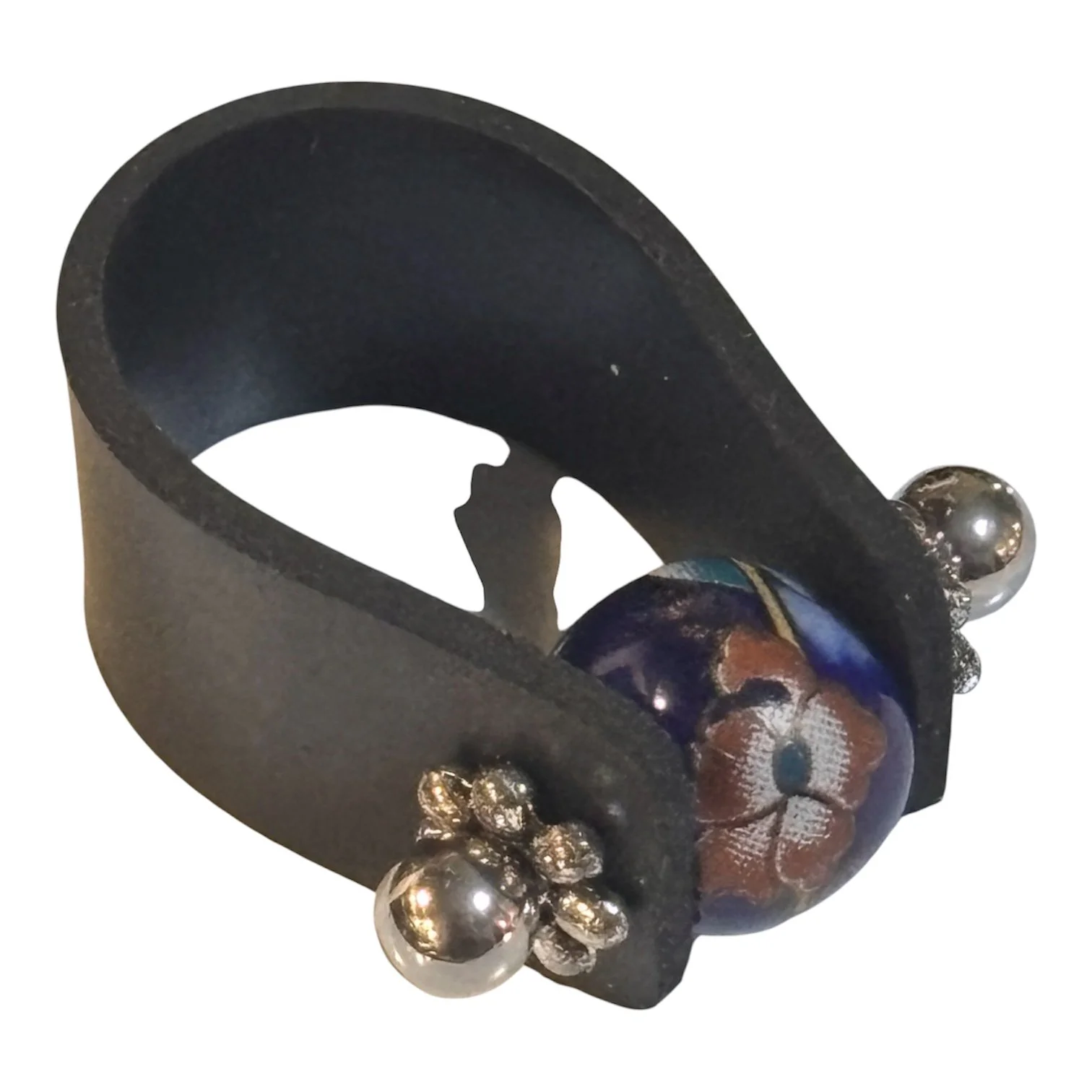 Rubber Stainless Steel Stud Funky Blue Glass Flower Bead Ring Size 7