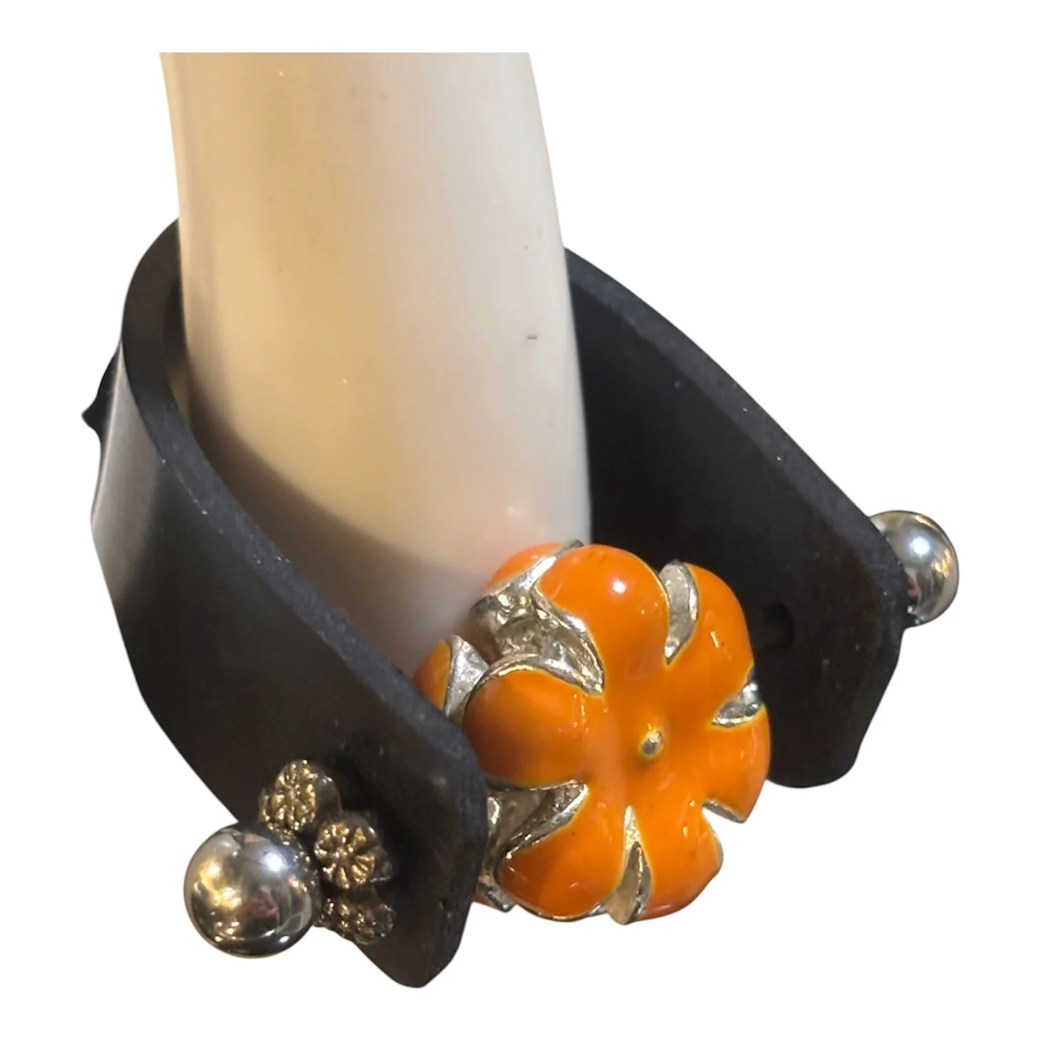 Rubber Stainless Steel Stud Funky Bead Orange Metal Flower Ring