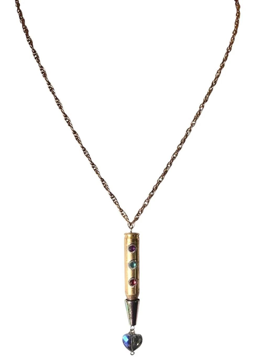 Bullet Gun Shell Casing Multi colored Rhinestine Faceted Heart Charm Pendant Necklace
