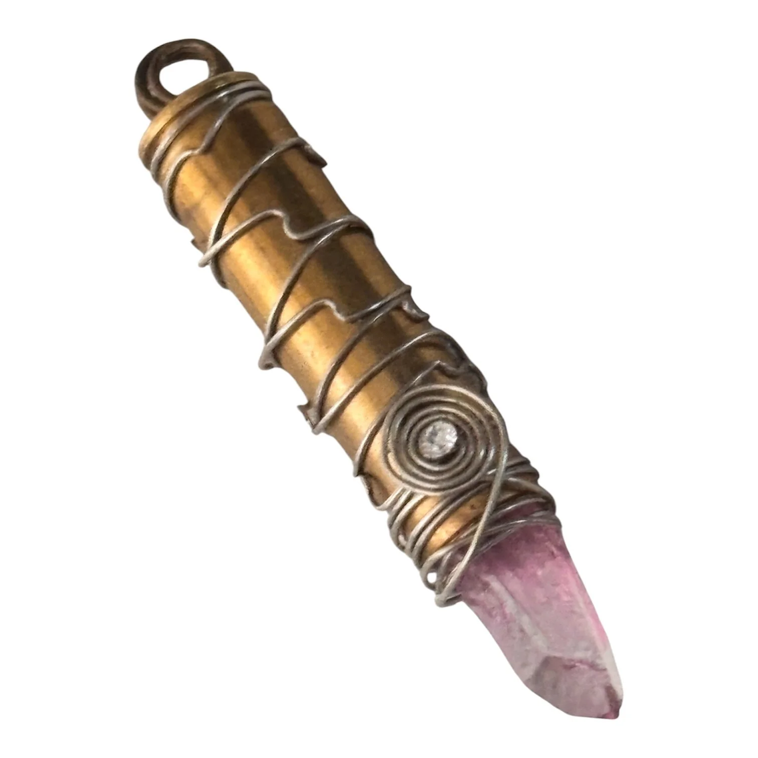 Brass Bullet Gun Shell Casing Silver Spiral Wire Wrap Faceted Rhinestone Raw Clear Quartz Crystal Necklace Pendant Charm