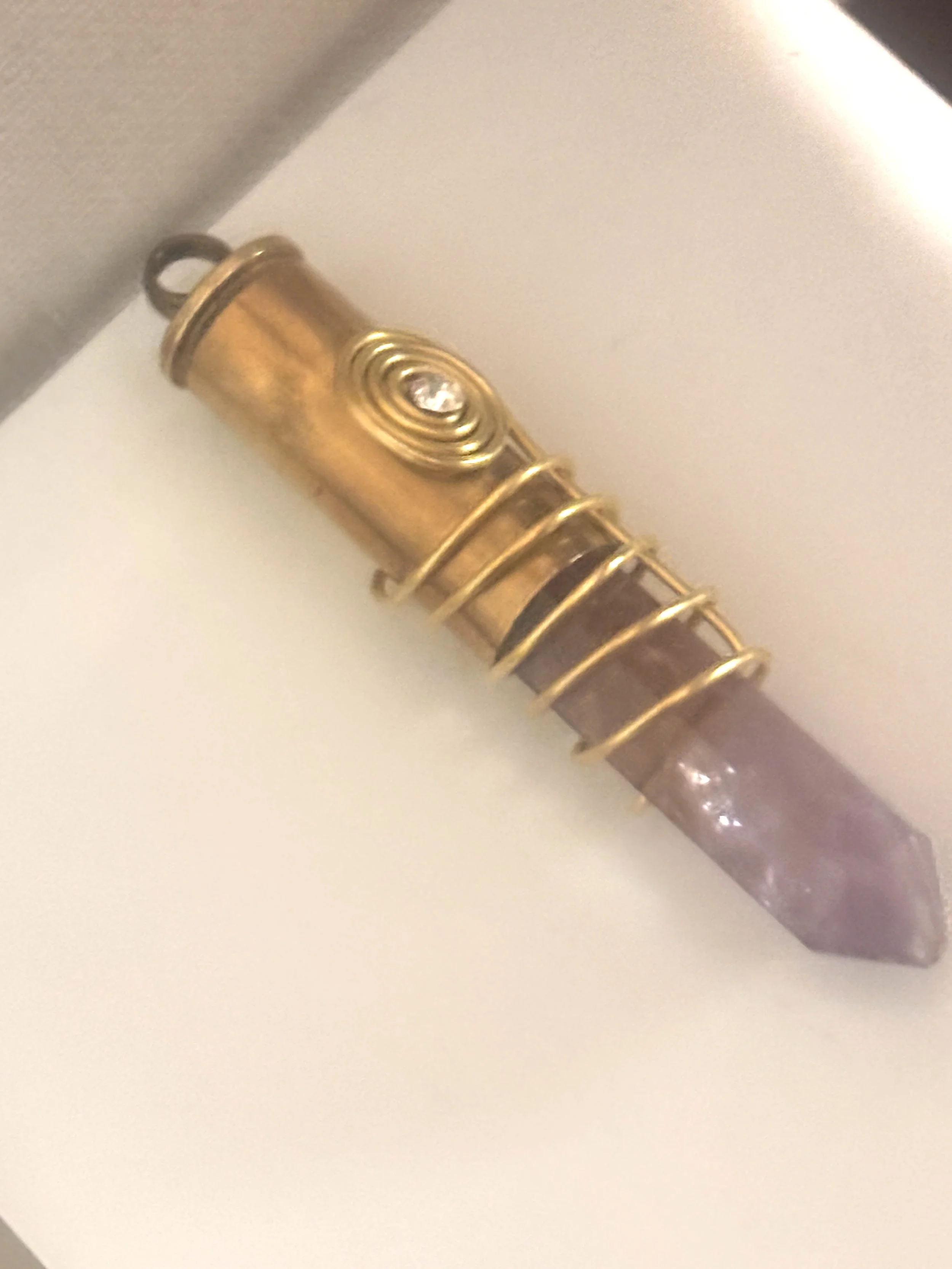 Brass Bullet Gun Shell Casing Gold wire wrapping Clear Rhinestone Amethyst Crystal Necklace Pendant Charm