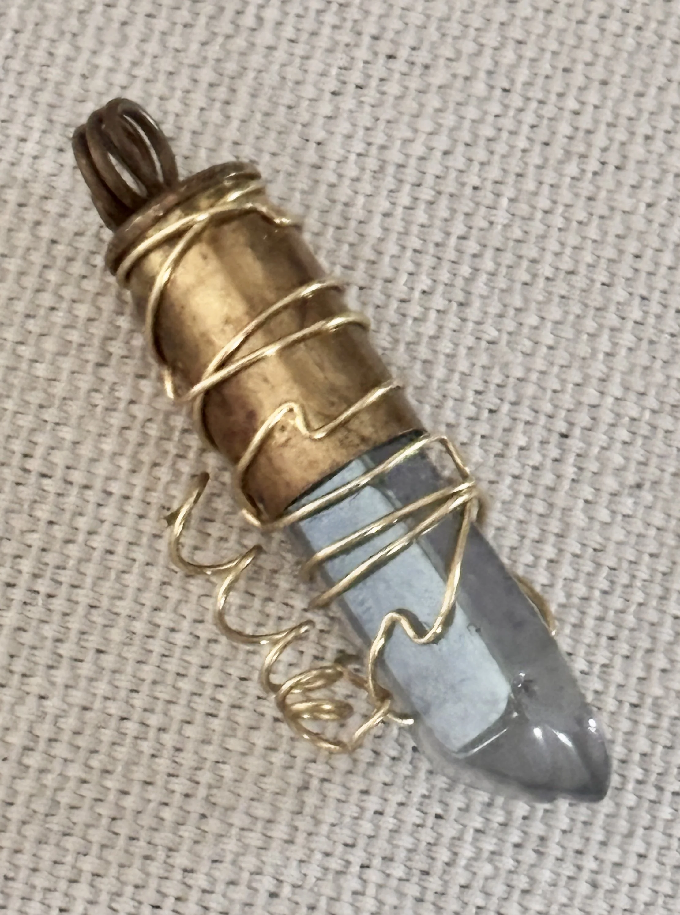 Brass Bullet Gun Shell Brass Bullet Gun Shell Casing Wire Wrapped Blue Crystal Necklace Pendant Charm