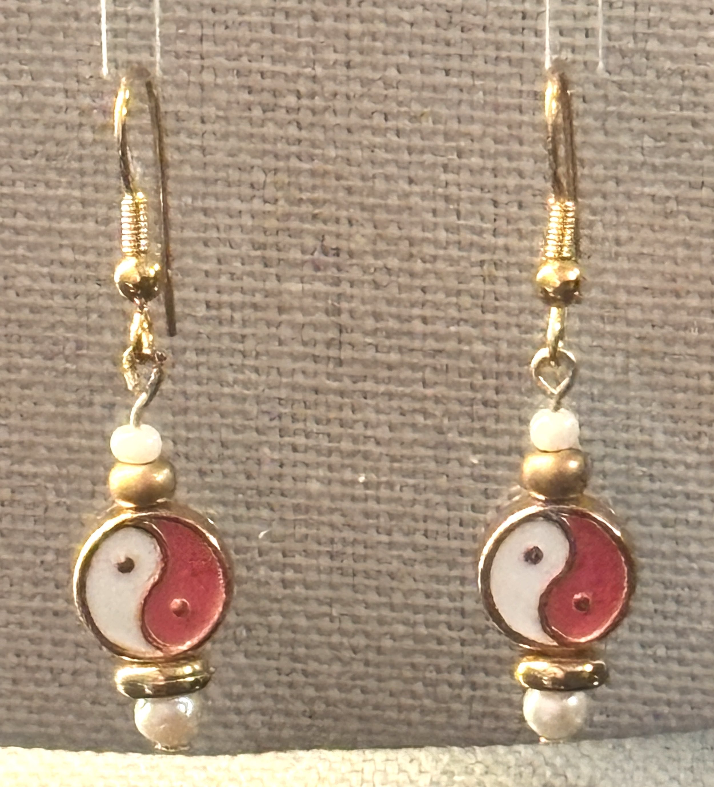 Ying Yang Balance Energy Metal enamel Painted Double sided Bead Earrings White & Coral Pink