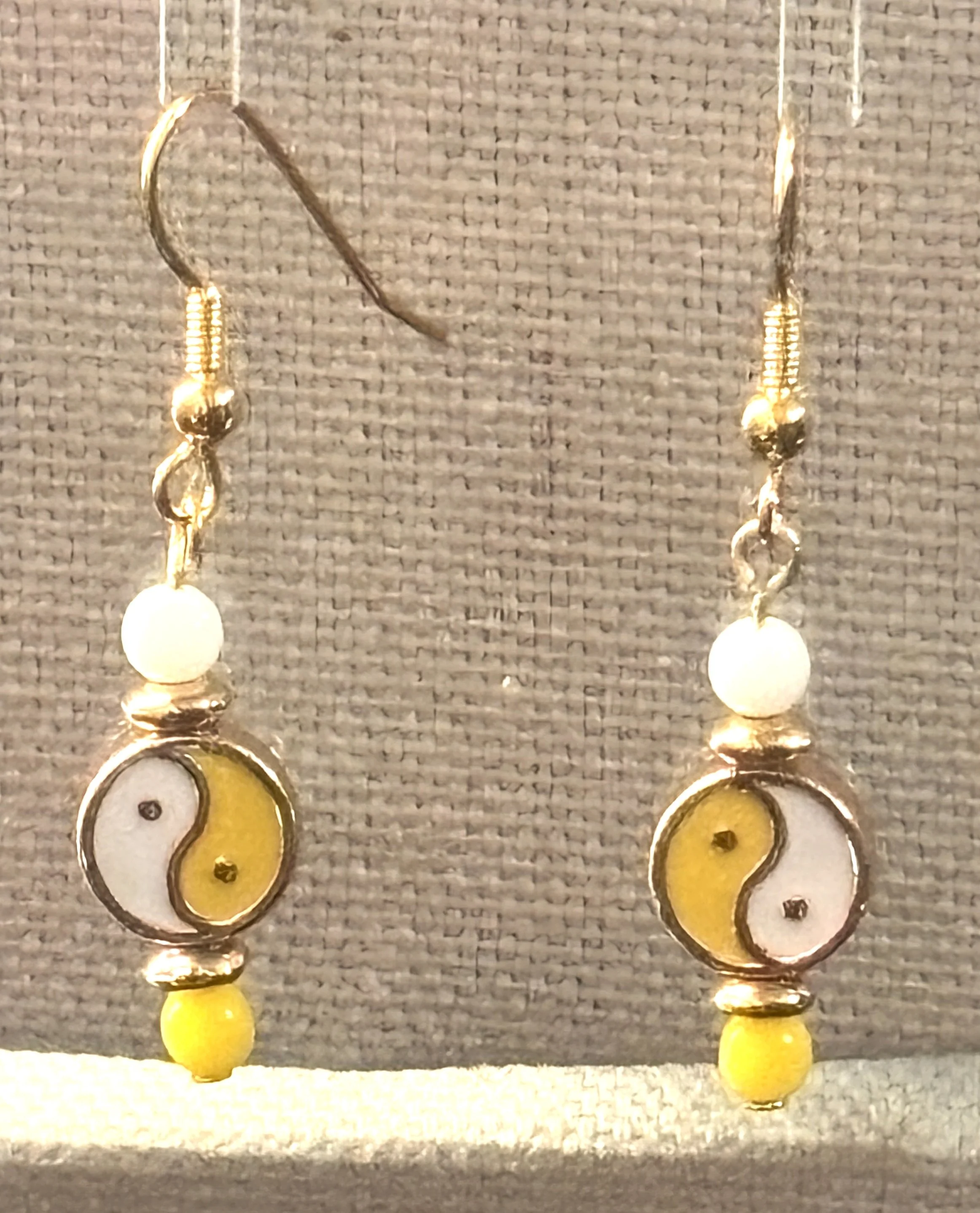 Ying Yang Balance Energy Metal enamel Painted Double sided Bead Earrings White & Yellow