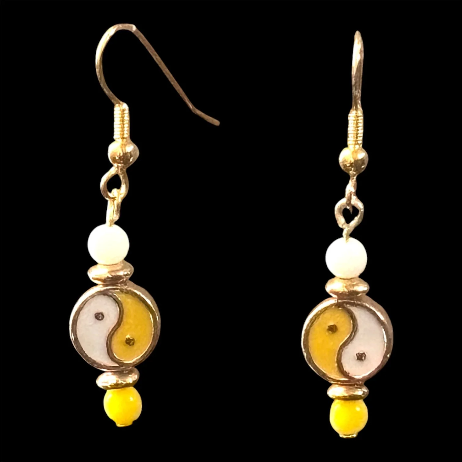 Ying Yin Yang Balance Energy Metal Enamel Painted Double sided Bead Earrings White & Yellow