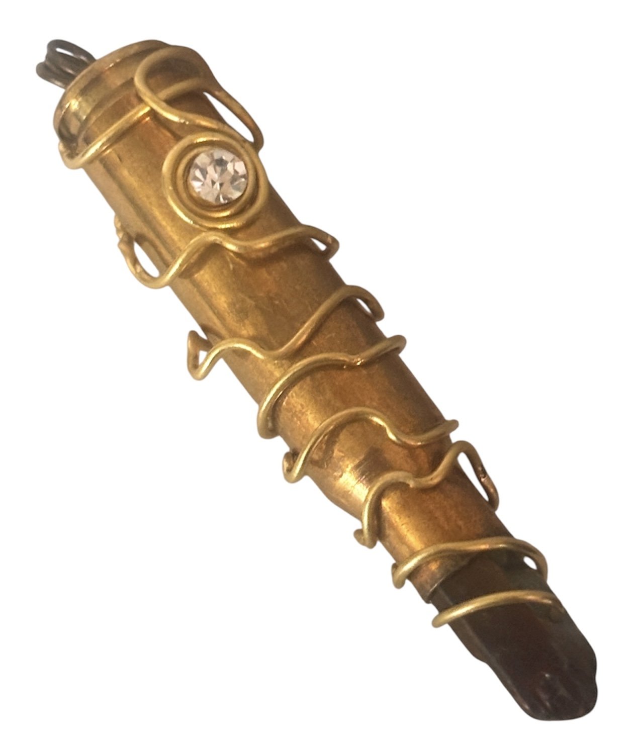 Brass Bullet Gun Shell Casing Spiral Wire Wrap Clear Rhinestone Raw Rainbow Crystal Necklace Pendant Charm