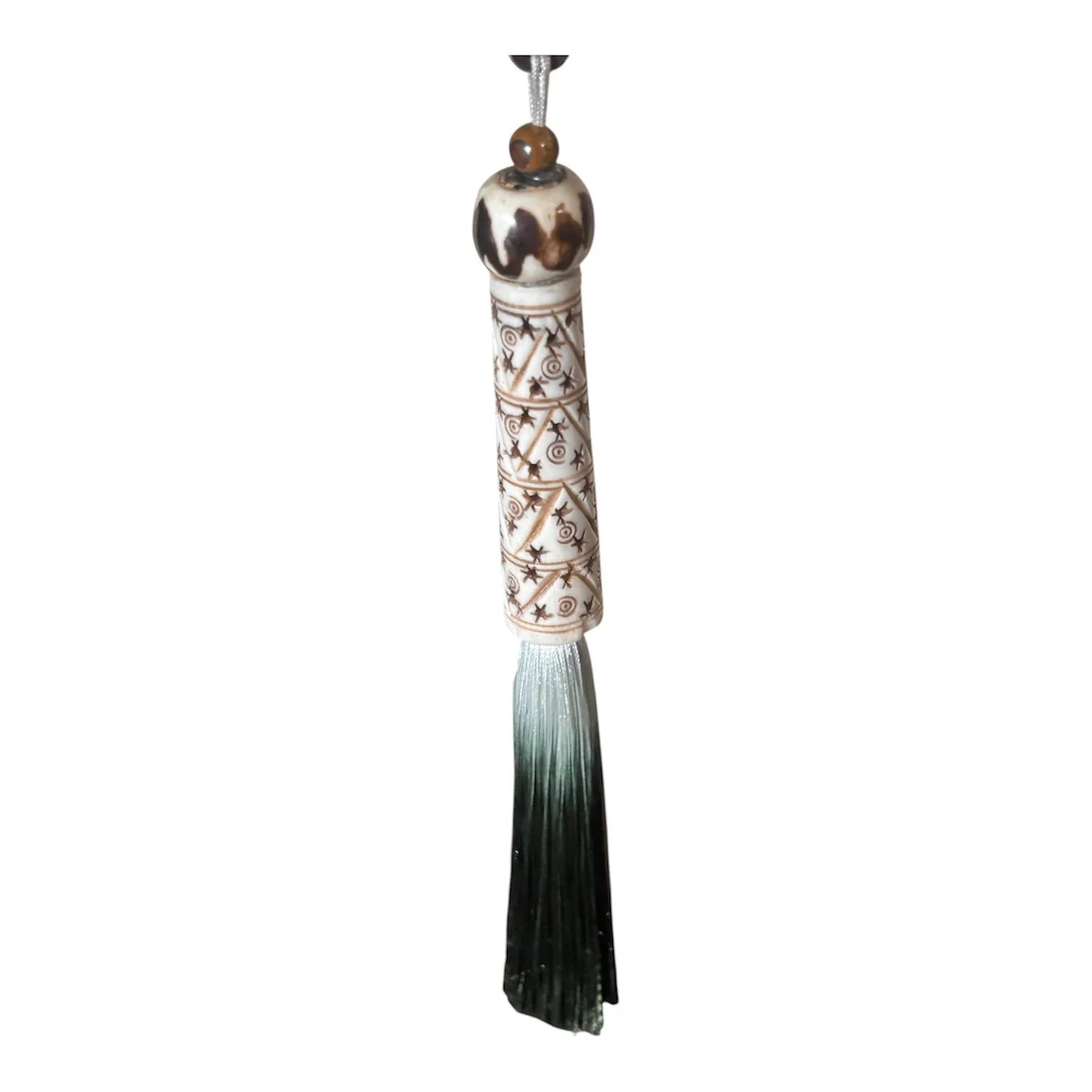 Hand Carved Star Spiral Bone Green Tassel Pendant Hand Painted Round Bone Bead & Tiger Eye bead Necklace