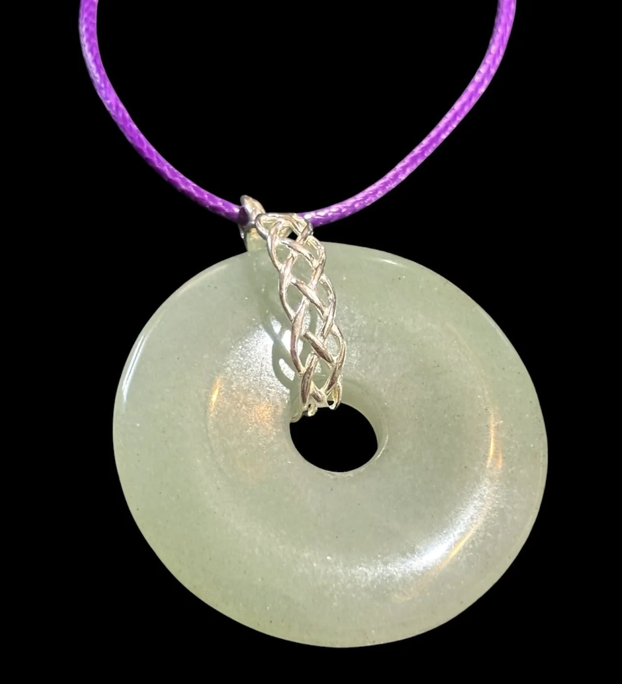 Semi precious gemstone Jadeite Green Jade donut, necklace, silver clasp pendant