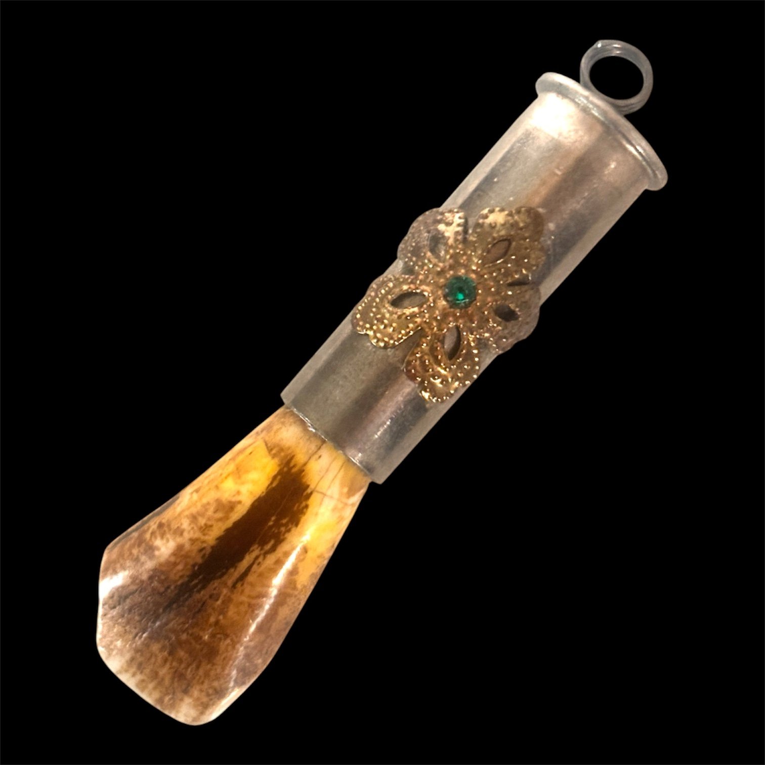 Silver Bullet Gun Shell Casing Flower Accent Green Rhinestone Buffalo Tooth Necklace Pendant Charm