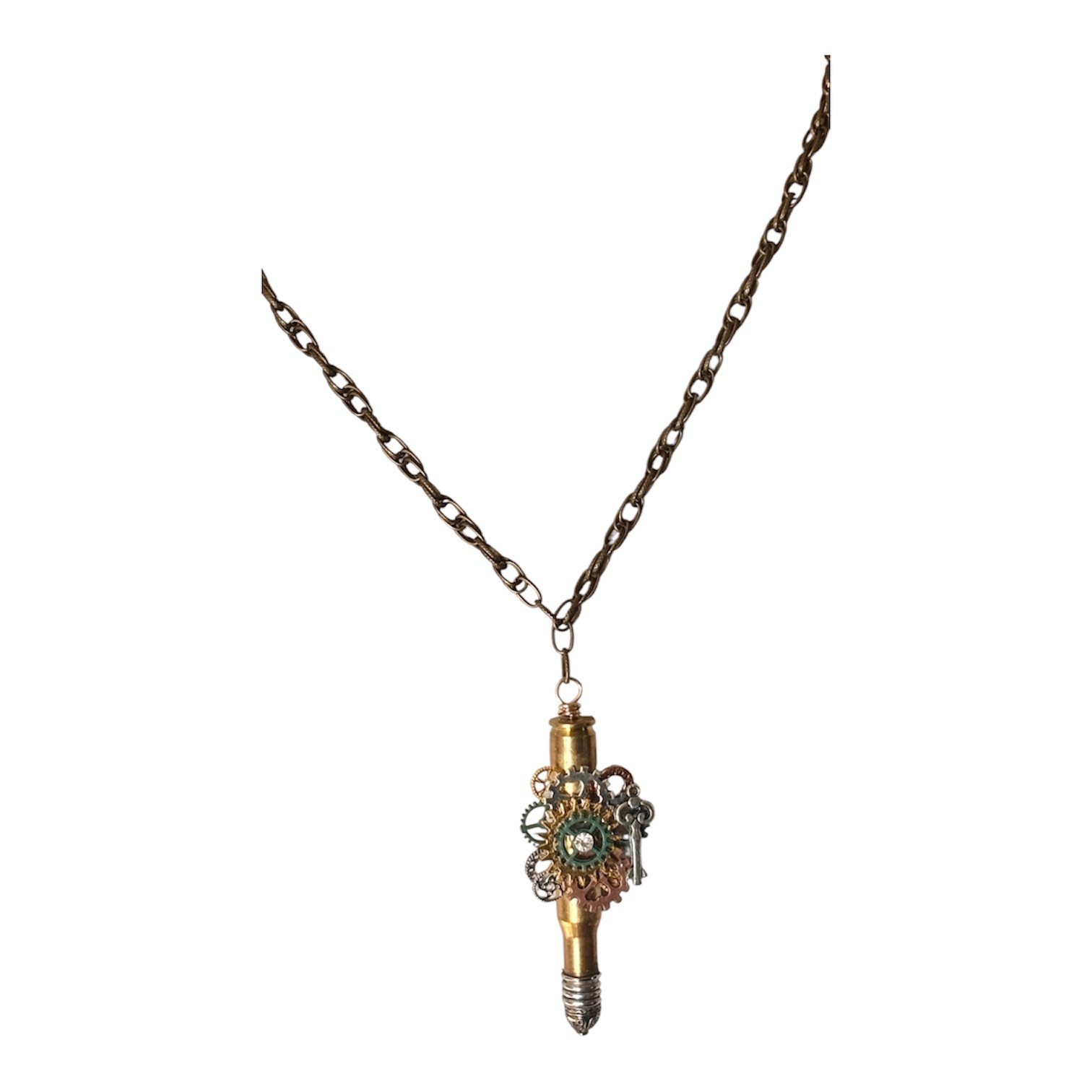 Bullet Gun Shell Casing Steampunk gears Silver Key Rhinestone Accent Pendant Brass Oval Chain Link Necklace